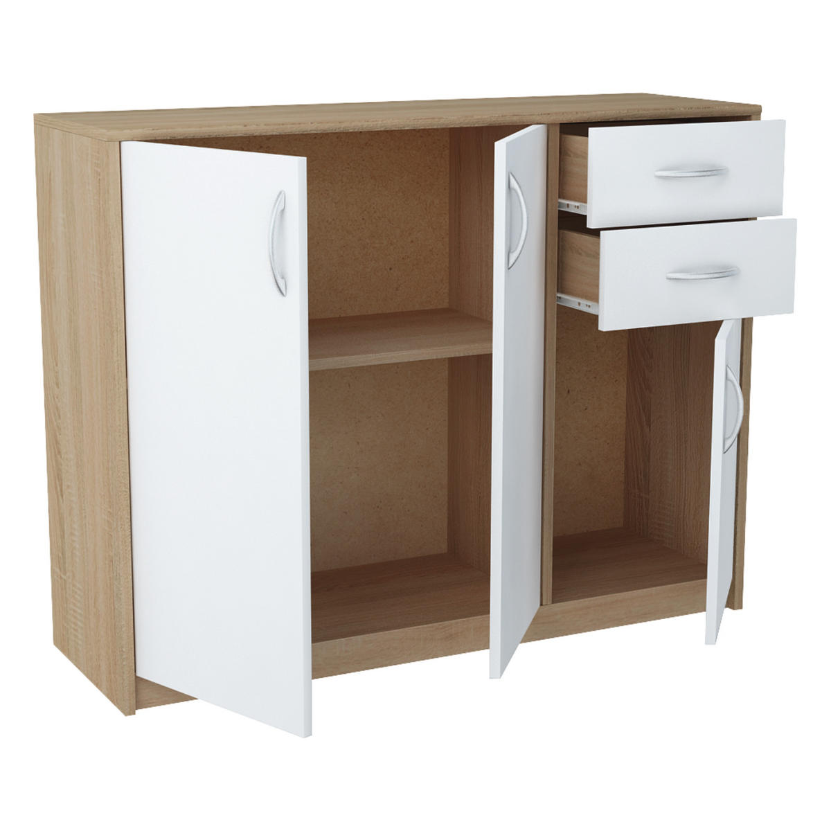 KOMMODE mit 2 Schubladen und 3 Türen - Eichefarben/Weiß, Holzwerkstoff (110/85/35cm) - Home Collective