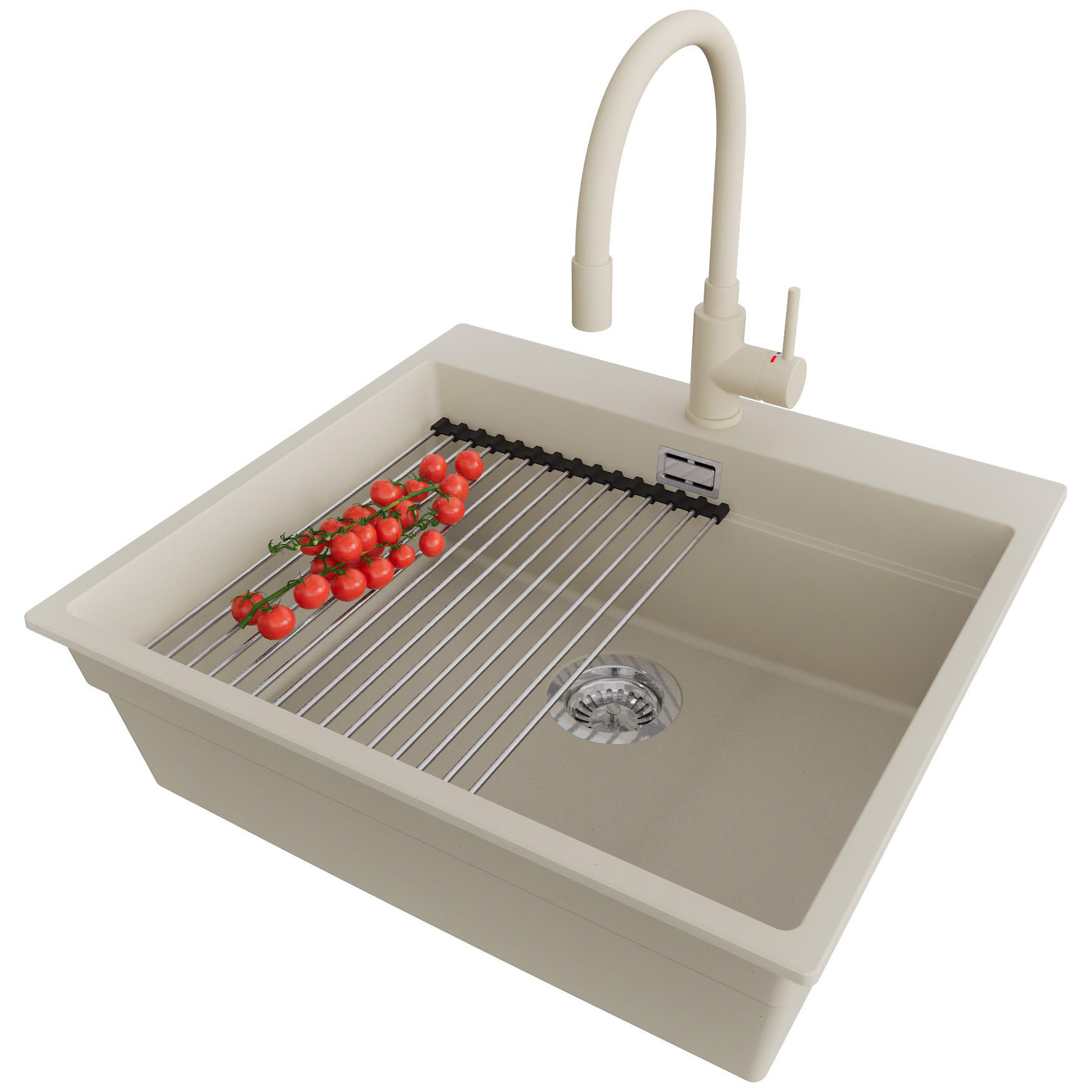 GRANITSPÜLE Oslo Max, 2-er set Beige 58/53 cm 1 Becken + Küchenarmatur 38/14 cm + Ablauf-Set + Aufrollbare Abtropffläche ab 60er Unterschrank - Chromfarben/Beige, Kunststoff (58/20/53cm) - Primagran