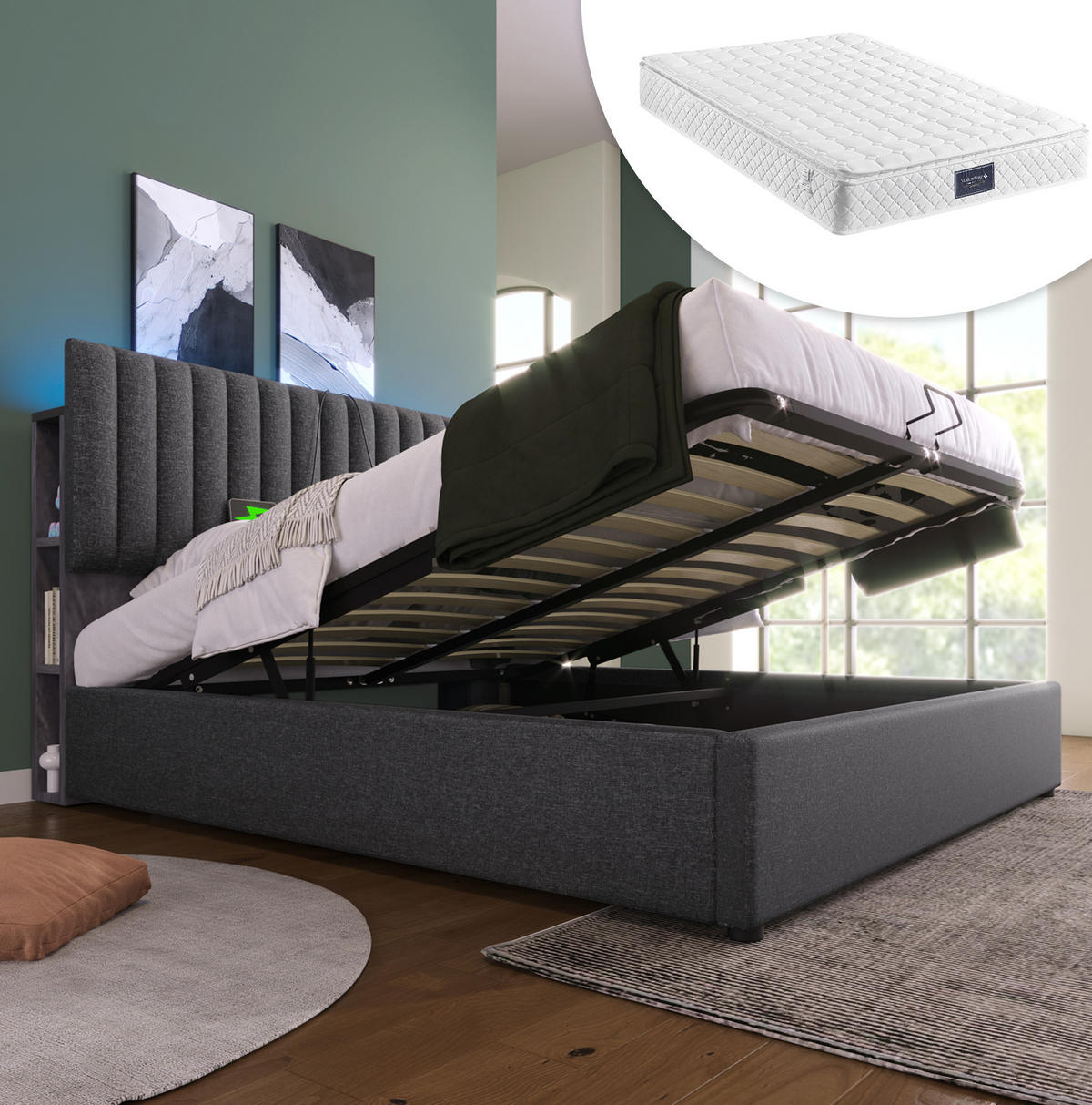 POLSTERBETT aus Leinen 140x200 cm in Grau mit LED & Matratze - Grau, Textil (140/200cm) - Modfu