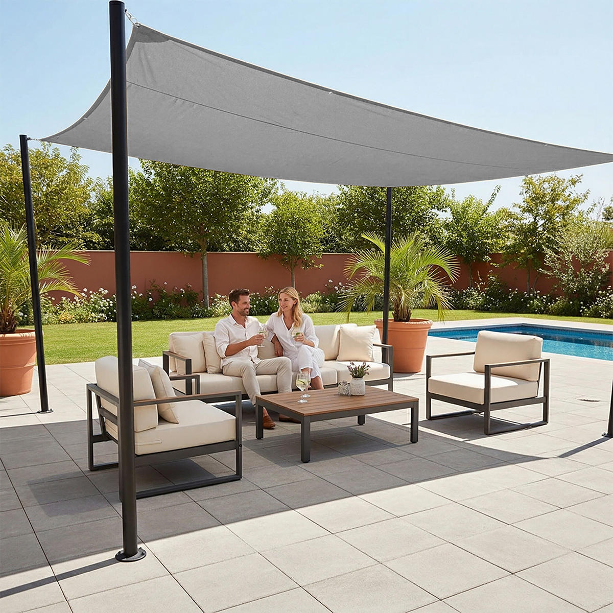 SONNENSEGEL Grau rechteckig UV-Schutz 30+ Polyester 3x4 m - Grau, Textil/Metall (400/300cm) - Relaxdays