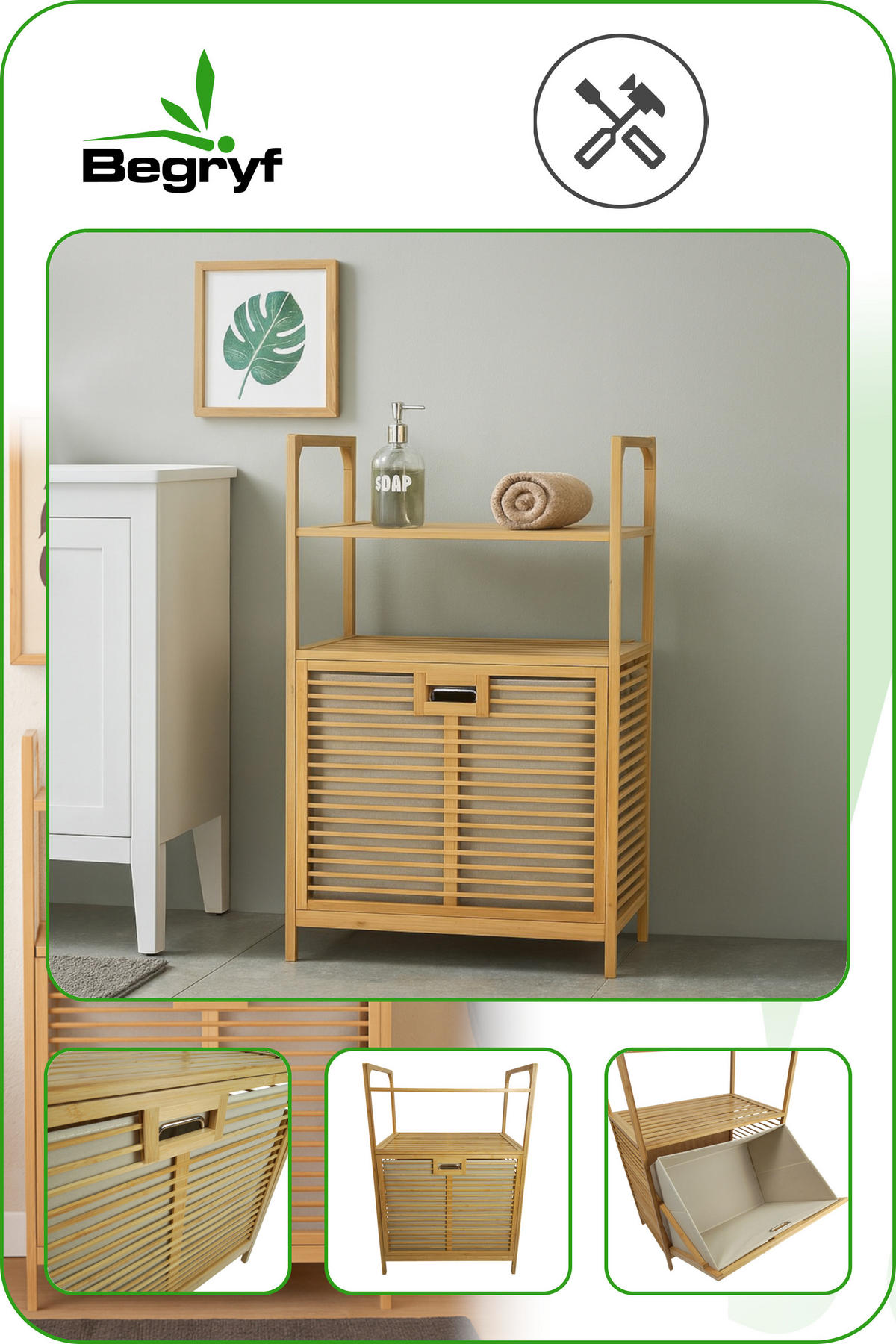 WÄSCHEKORB Bambus Naturfarben Regal mit Ablage 64x40x95 cm - Naturfarben, Holz (64/95/40cm) - Begryf