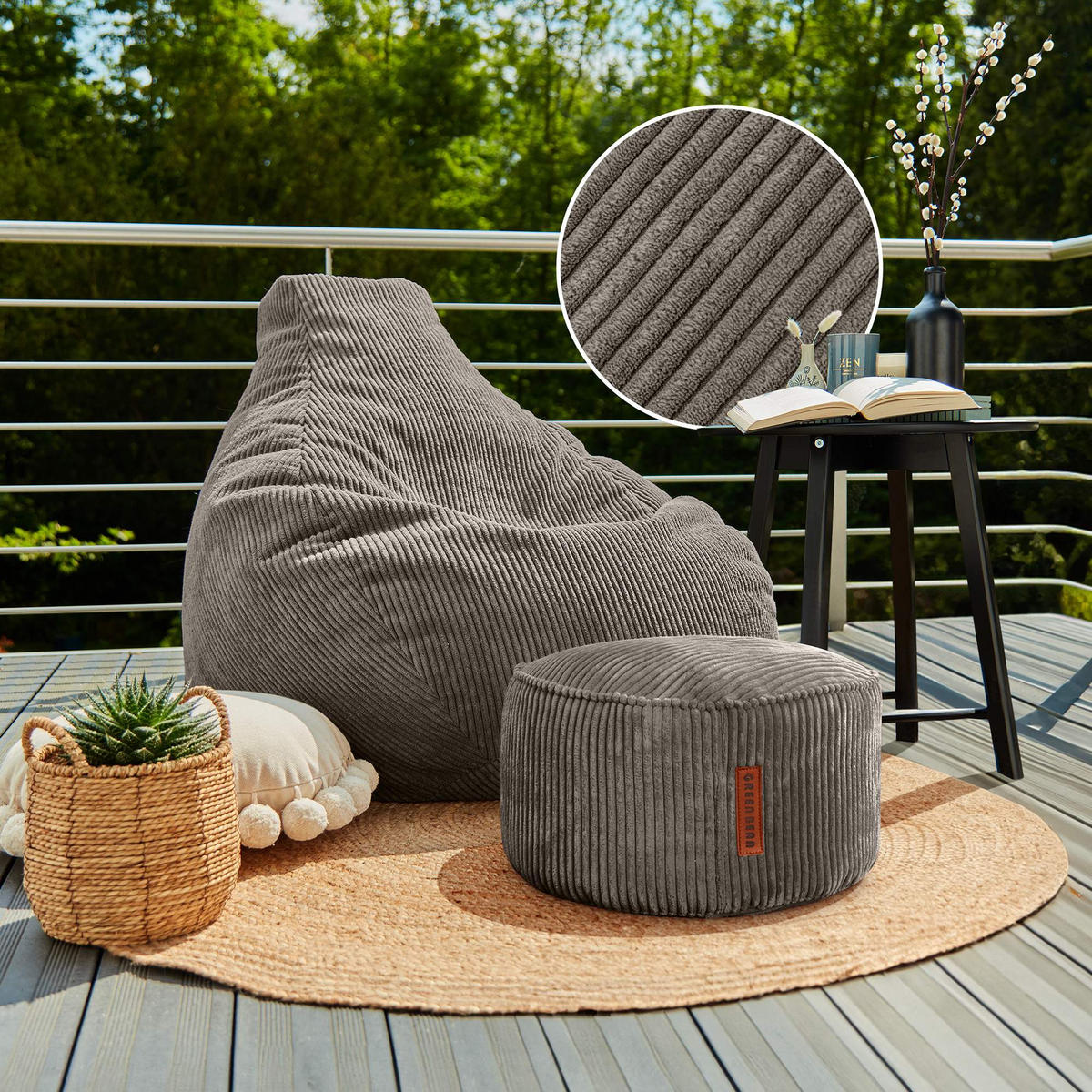 LOUNGE-SITZSACK Cozy + Fußhocker - Dunkelgrau, Textil (80/90/90cm) - Green Bean