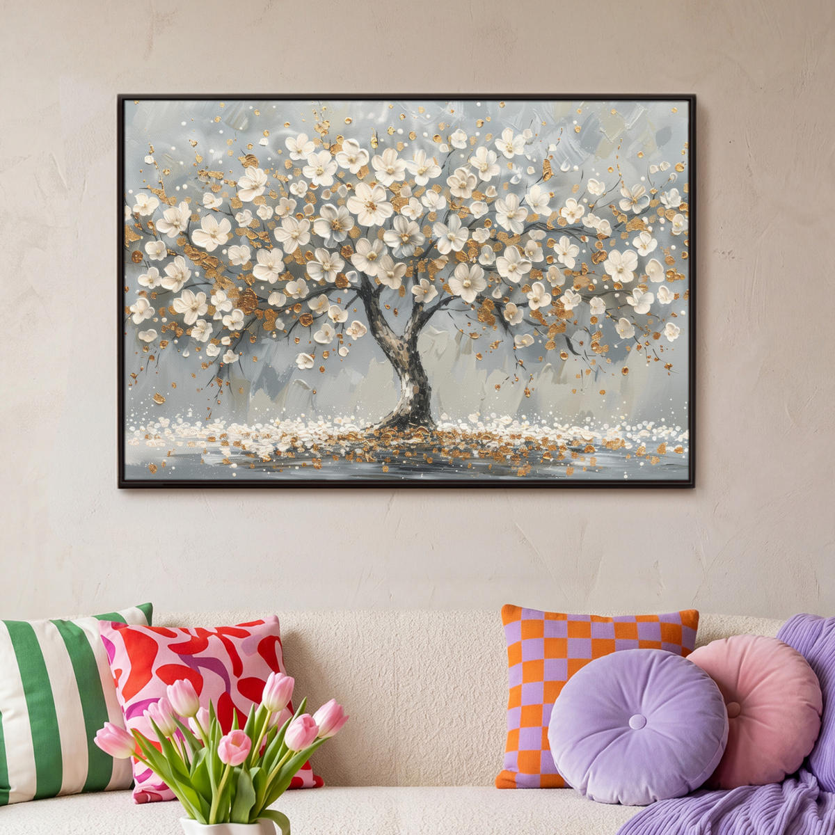 LEINWAND Bilder mit Rahmen - Baum - Blumen - Weiß - Natur - Kunst - 90x60 - Weiß, Textil (90/60cm) - MuchoWow