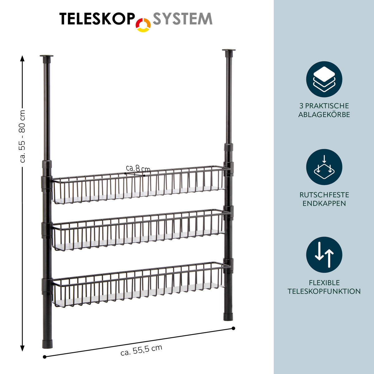 TELESKOP-GEWÜRZREGAL, schwarz, Metall - Schwarz, Metall (55/80/8cm) - bremermann