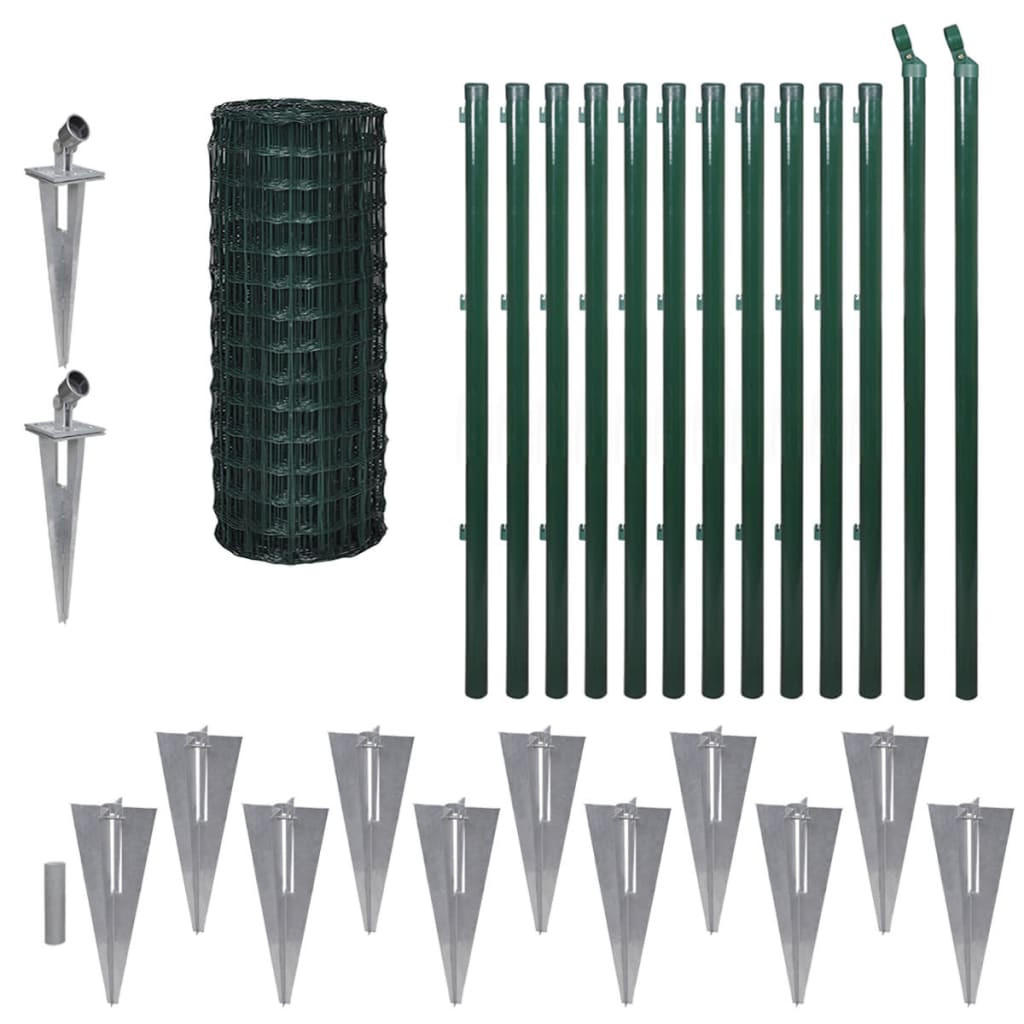 GARTENZAUN, Eurozaun-Set mit Erdspießen, 25/1 m, aus Stahl, Grün - Grün, Metall (2500/100cm) - vidaXL