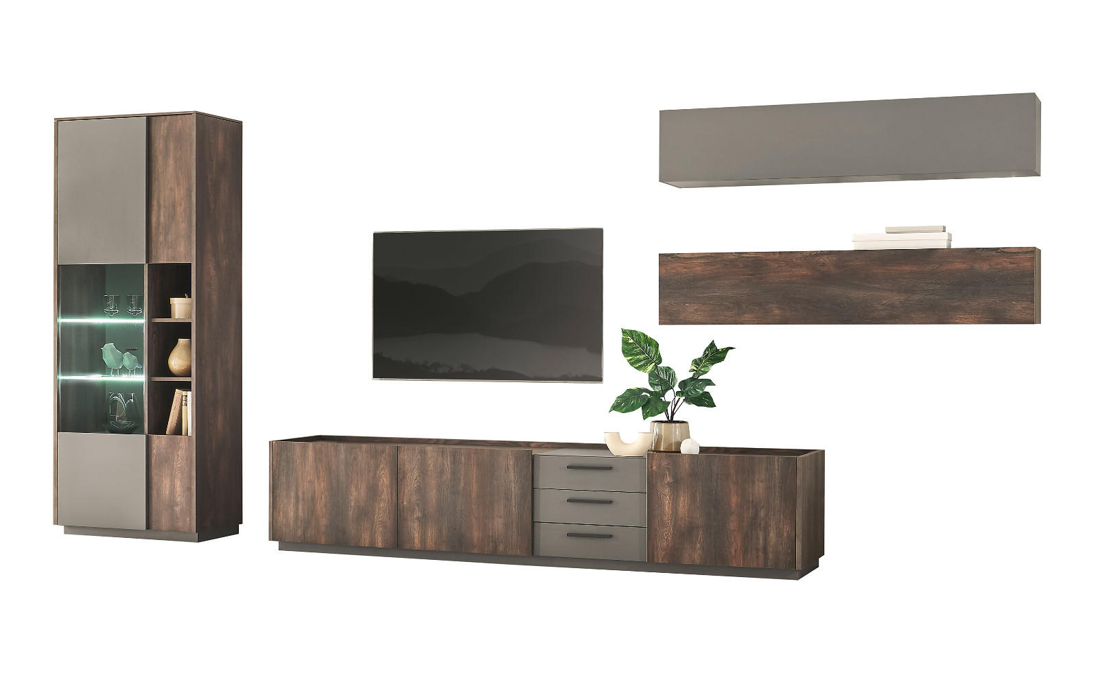 WOHNWAND Thermo Eiche, grau, Set 4-teilig mit XXL TV-Lowboard und Soft-Close - Eichefarben/Grau, Holzwerkstoff/Metall (416/200/45cm) - Furn.Design
