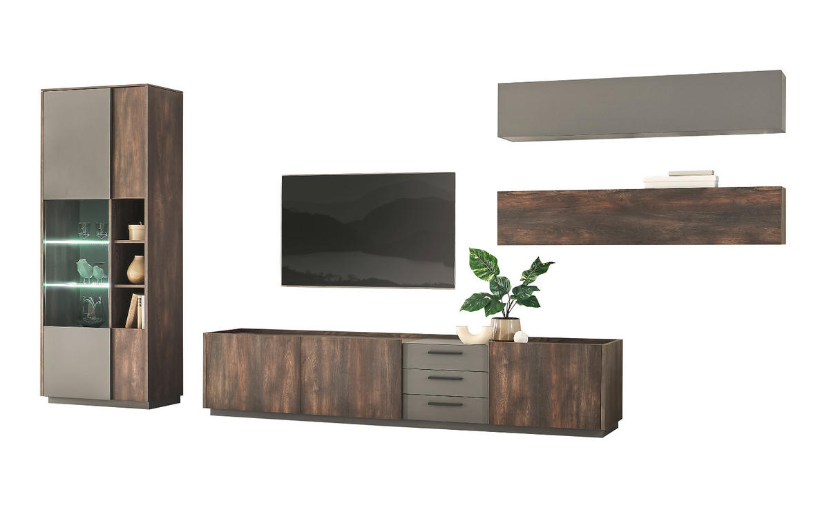 WOHNWAND Thermo Eiche, grau, Set 4-teilig mit XXL TV-Lowboard und Soft-Close - Eichefarben/Grau, Holzwerkstoff/Metall (416/200/45cm) - Furn.Design