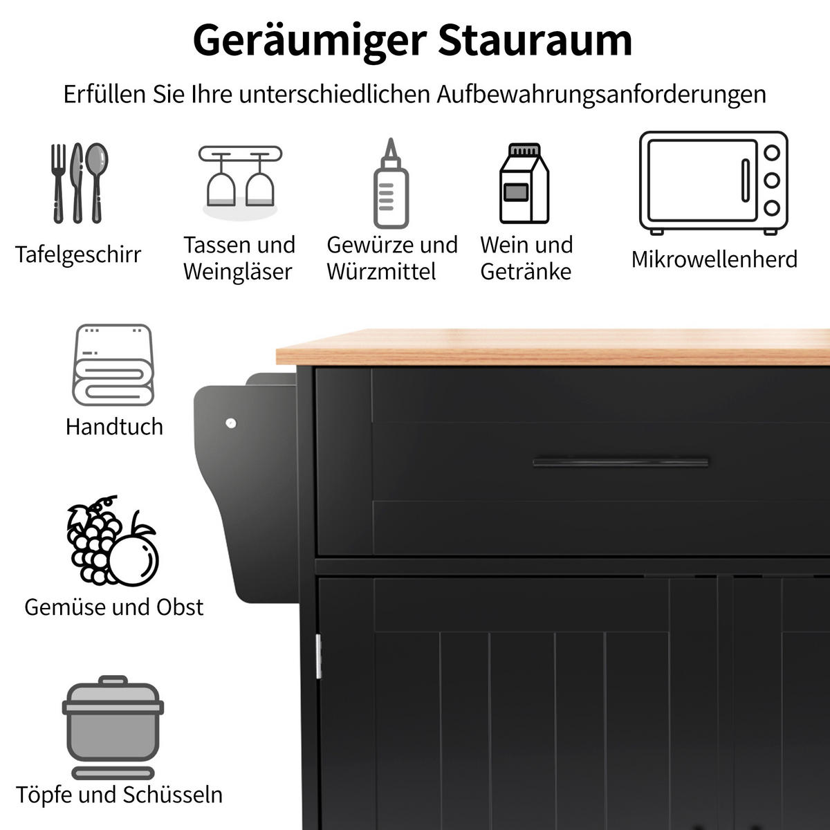 KÜCHENINSELWAGEN 129x71x91.5cm Schwarz Spanplatte mit Falttisch & Schubladen - Schwarz, Holzwerkstoff (129/91.5/71cm) - Modfu