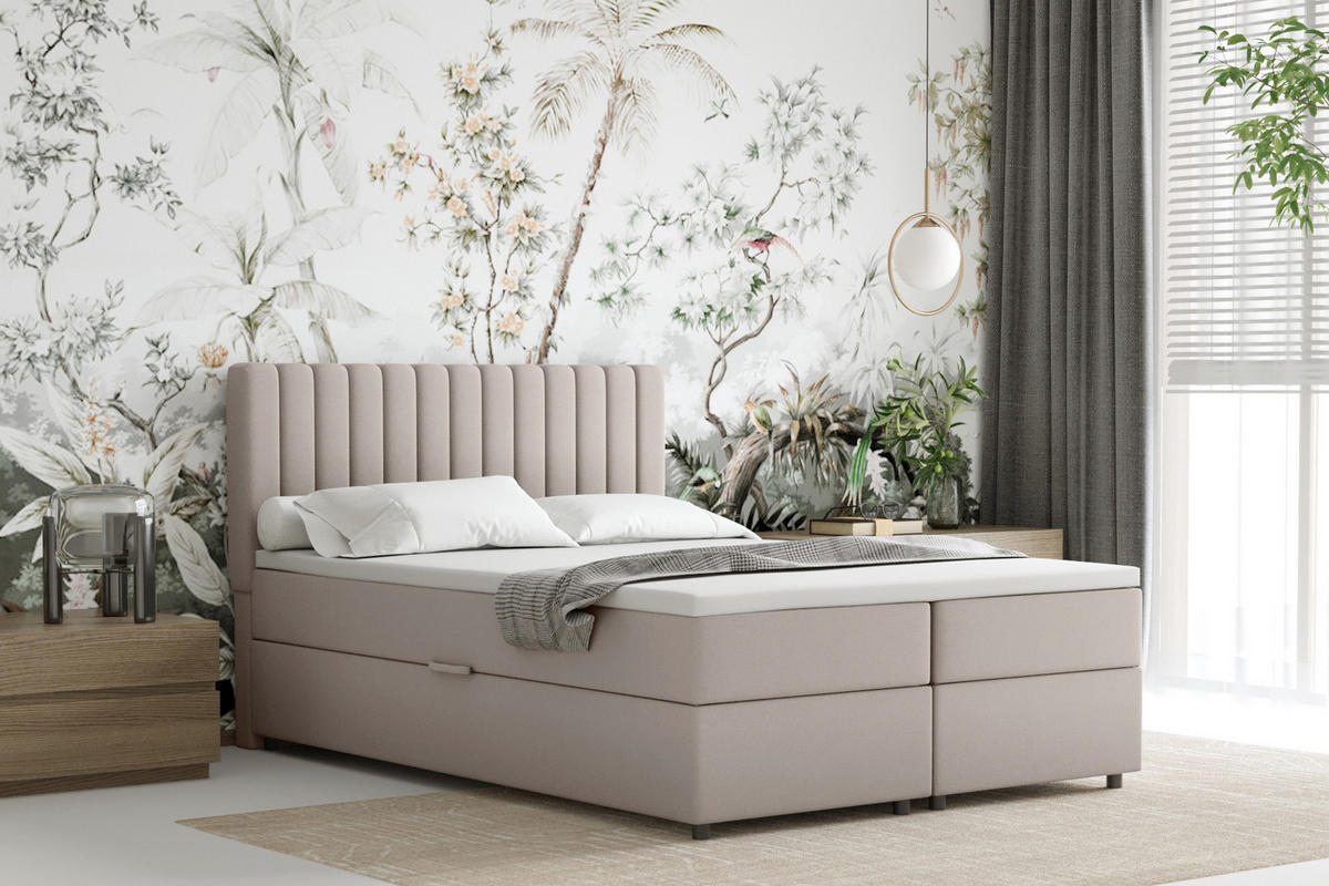 BOXBETT Everest beige 140 x 200 cm Doppelbett mit hochwertiger Bonell-Matratze und Topper - Cappuccino, Holz (140/200cm) - Panda Möbel