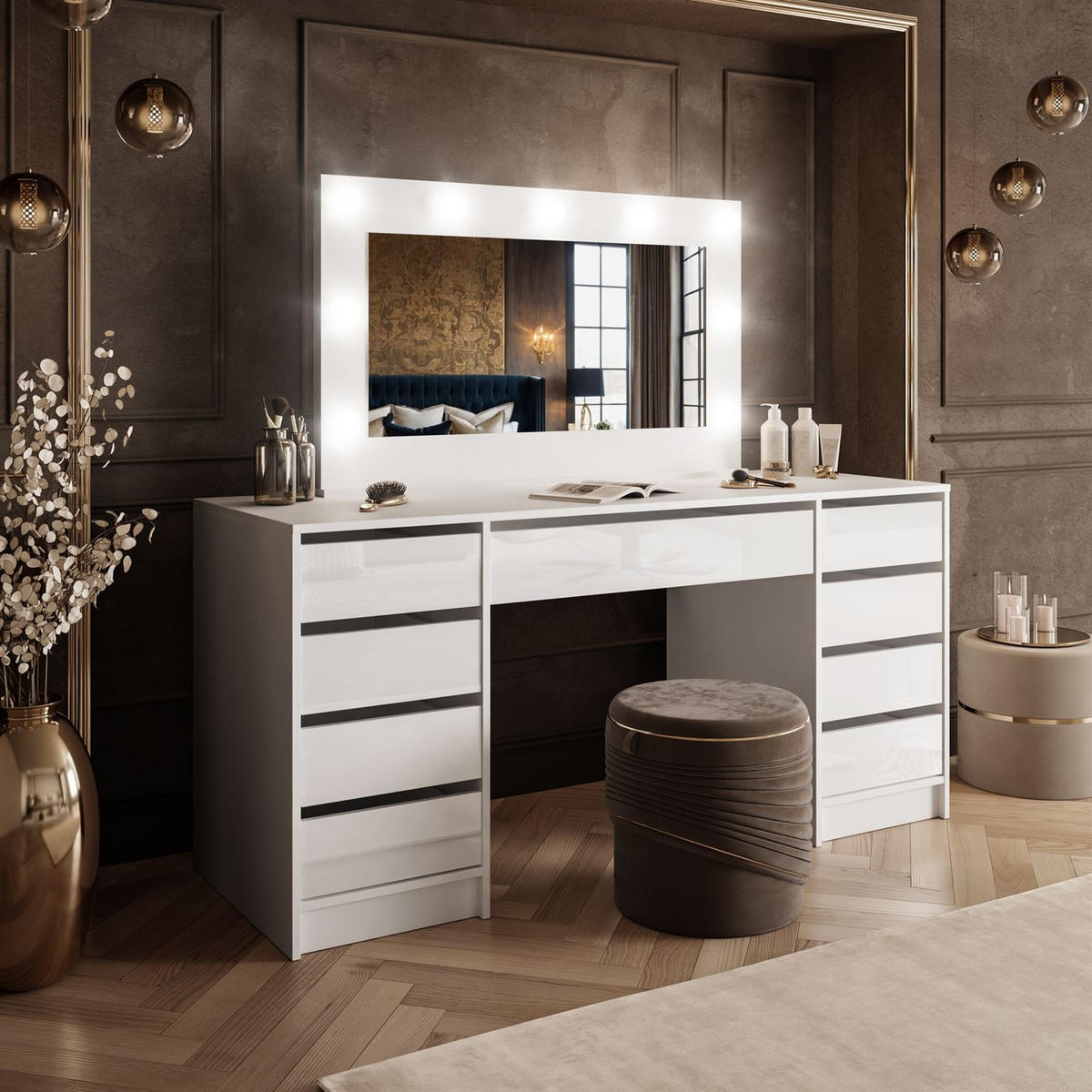 SCHMINKTISCH MADA DOUBLE mit LED-Beleuchtung - Weiß, Holzwerkstoff (152/75/55cm) - Lookway