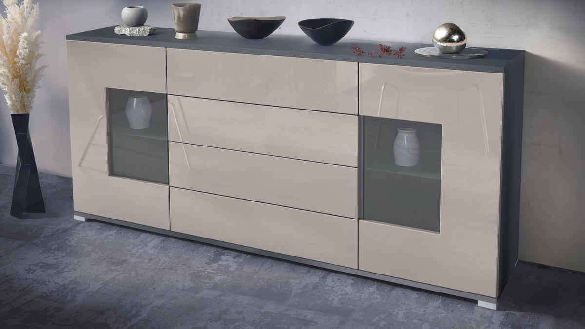 SIDEBOARD Grömitz Sandgrau Hochglanz - Sandfarben, Holzwerkstoff (166.5/75.5/35cm) - Vladon