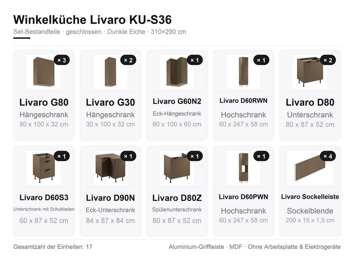 WINKELKÜCHE - 310 x 290 cm Livaro – KU-S36 – Dunkle Eiche - Dunkelbraun/Schwarz, Holzwerkstoff/Metall (310/247/290cm) - hi-markt