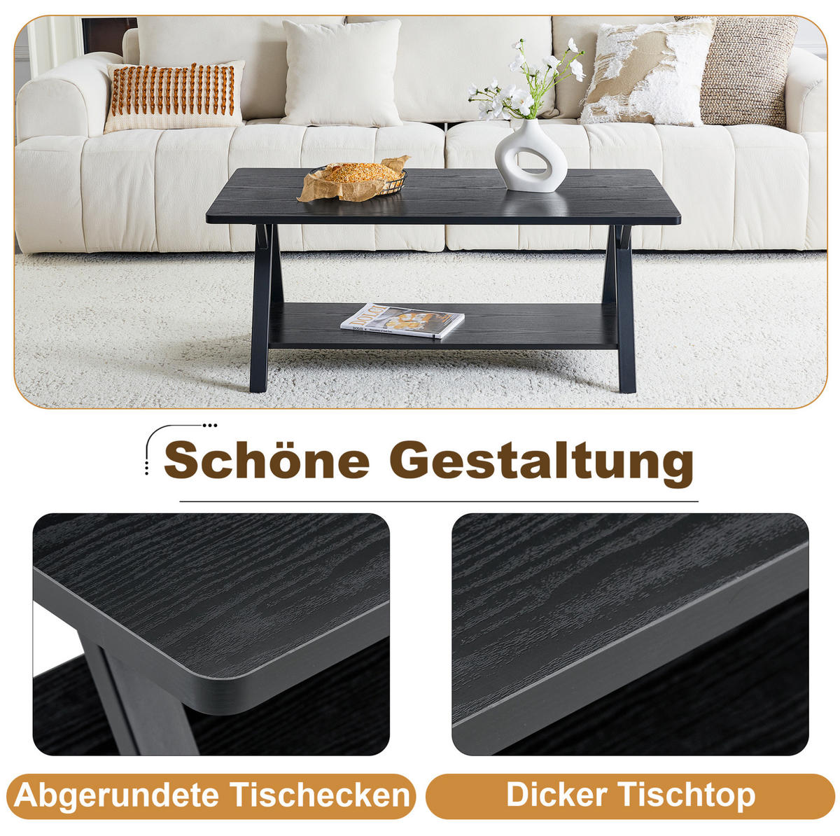 COUCHTISCH aus MDF und Metall 110x57x44,5 cm in Schwarz mit Stauraumablage - Schwarz, Holzwerkstoff (110/57/44.5cm) - Modfu