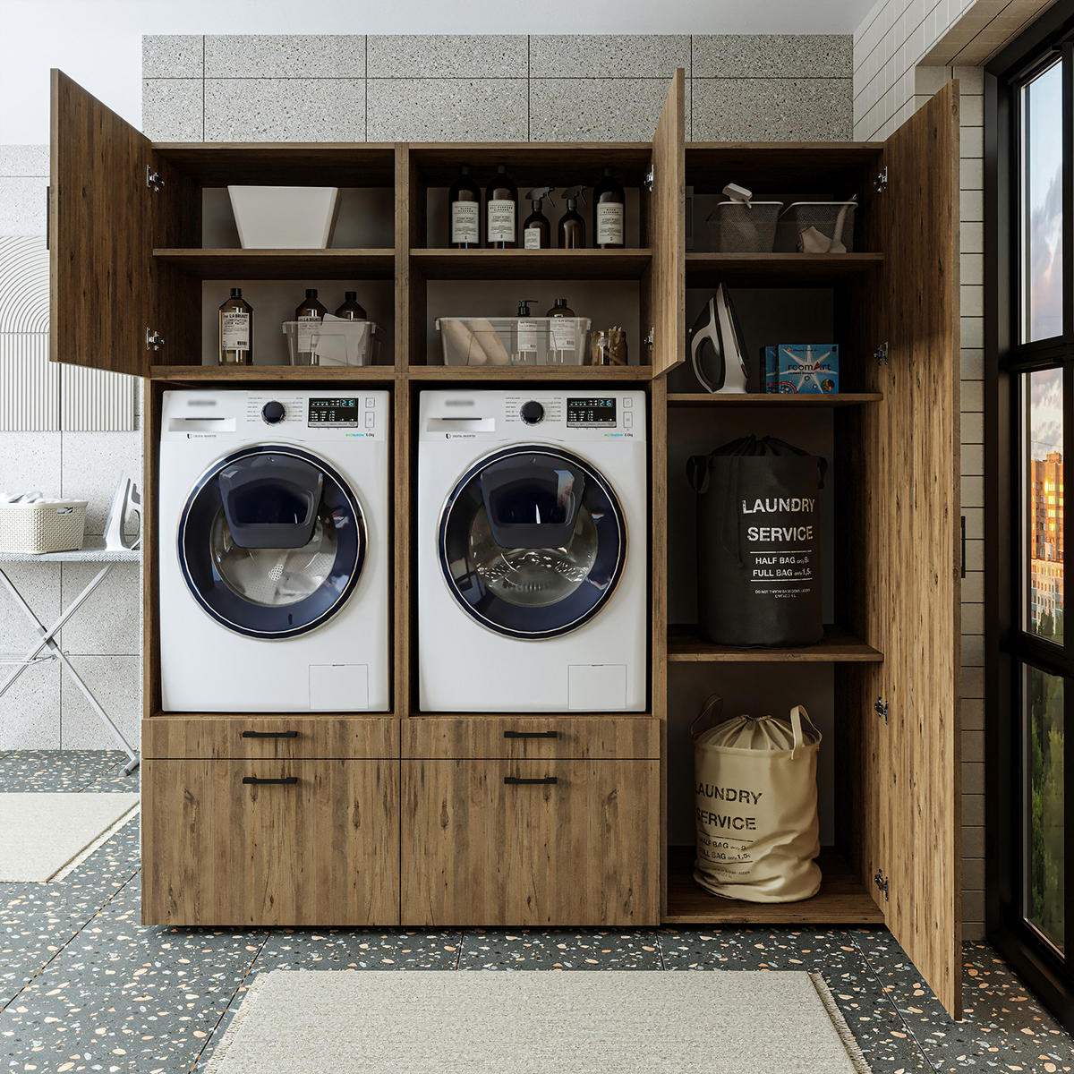 WASCHMASCHINENSCHRANK Serie 2 194cm Breit, 205cm Hoch - Eichefarben, Holzwerkstoff (194/205/67cm)