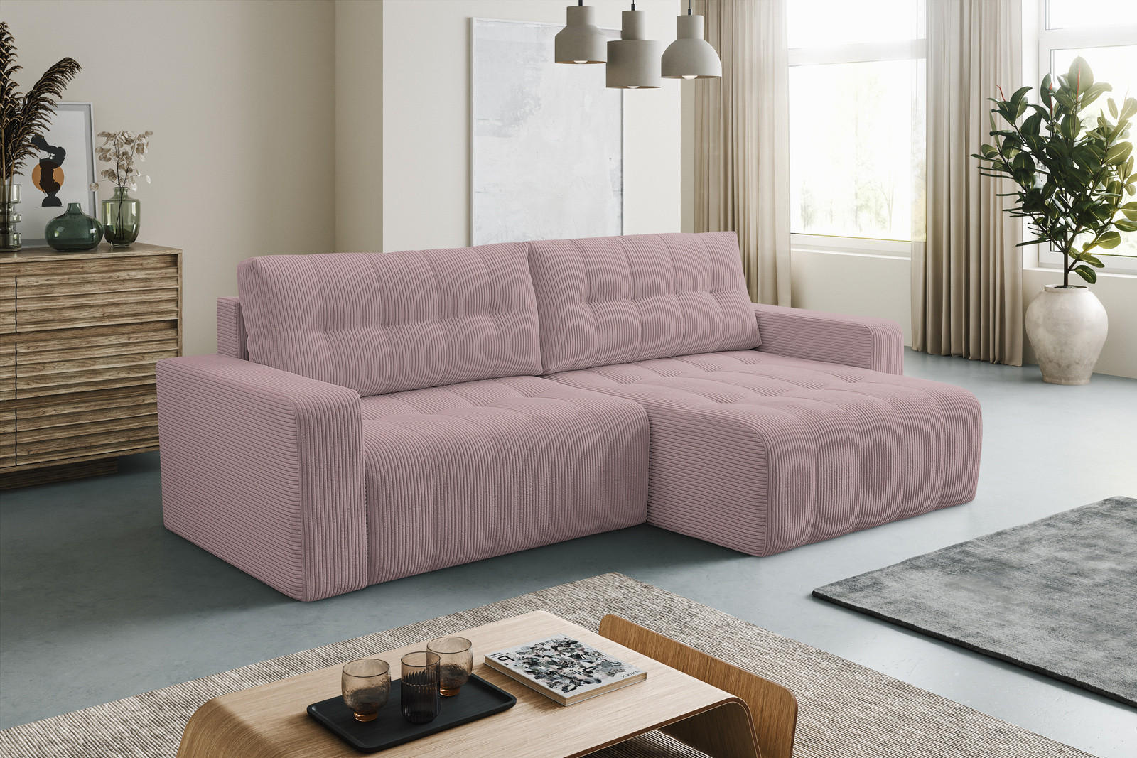 ECKSOFA Palermo mit Schlaffunktion und Bettkasten in Cordstoff - Violett, Holz/Holzwerkstoff (245/143cm) - Ravio