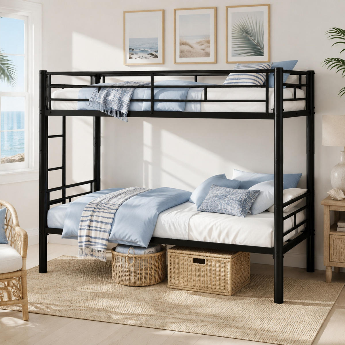 ETAGENBETT 90/190 mit Trennfunktion, Leiter und Geländern in Schwarz - Schwarz, Holzwerkstoff (90/190cm) - EVRYAE