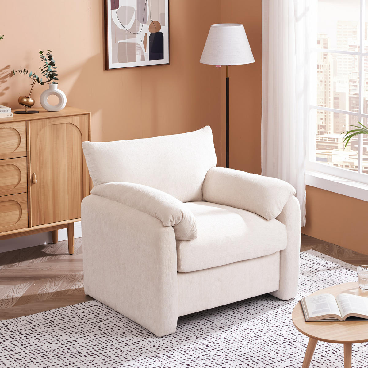 KŘESLO žinylka béžové 96 cm lounge křeslo s područkami a širokým sedákem pro obývací pokoj - béžová, textil (96/84/82cm) - Urban Meuble