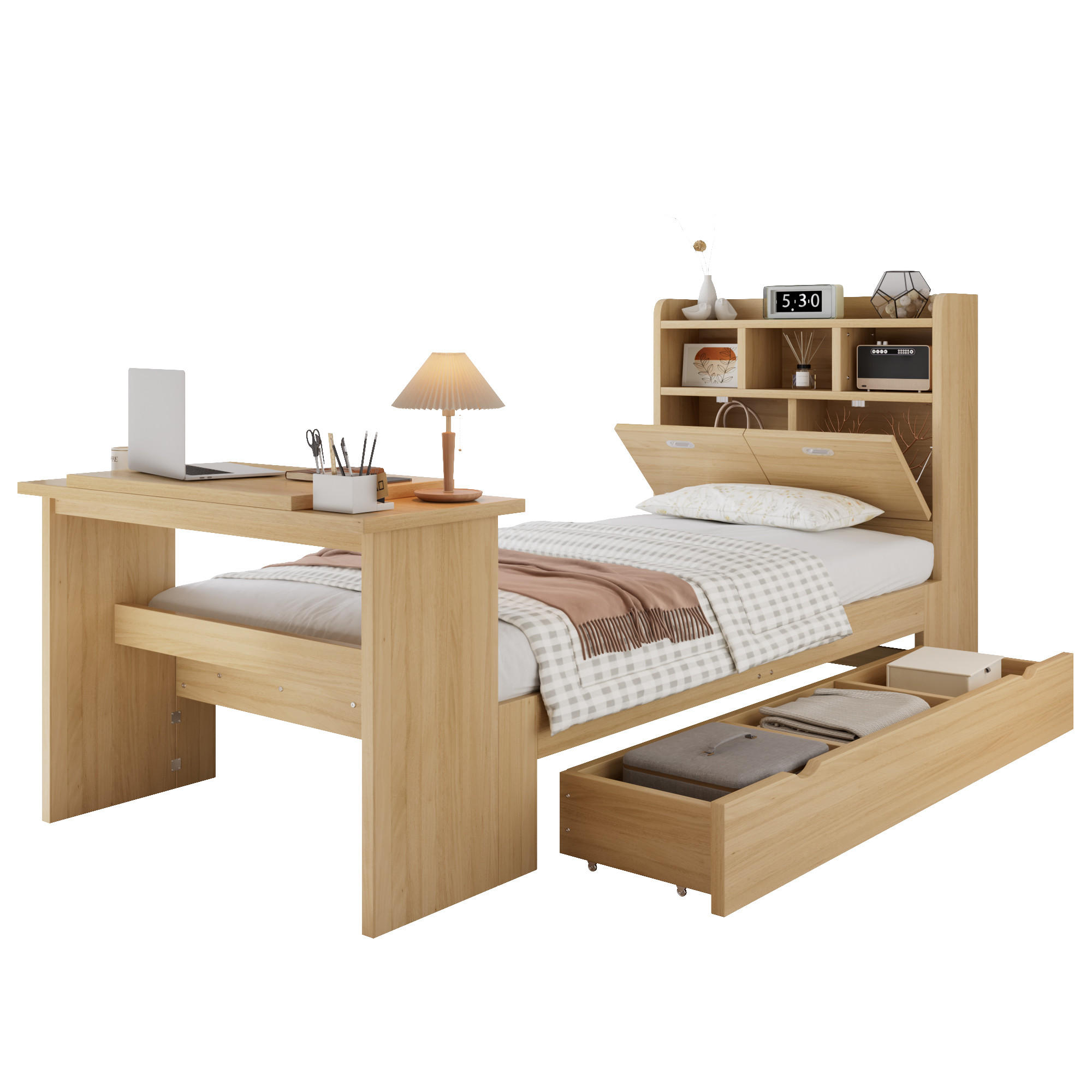JUGENDBETT 90/200 cm in Natur mit Stauraum, Klapptisch und Kopfteilregal - Naturfarben, Holzwerkstoff - STILVORA