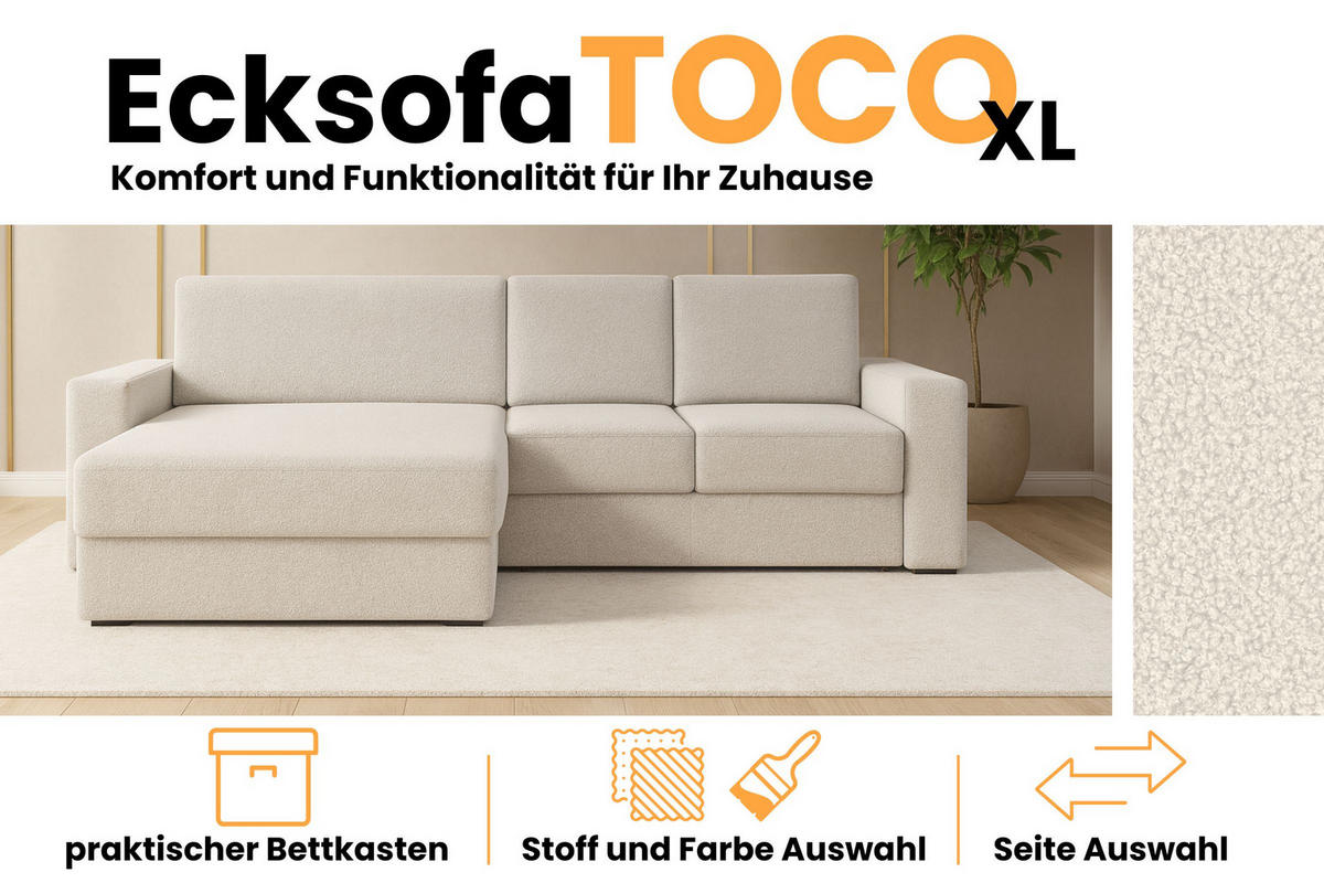 ECKSOFA TOCO XL 275/170 cm in Boucle Ecru links - Hellgrau, Holz/Holzwerkstoff (275/170cm) - Deine Möbel 24