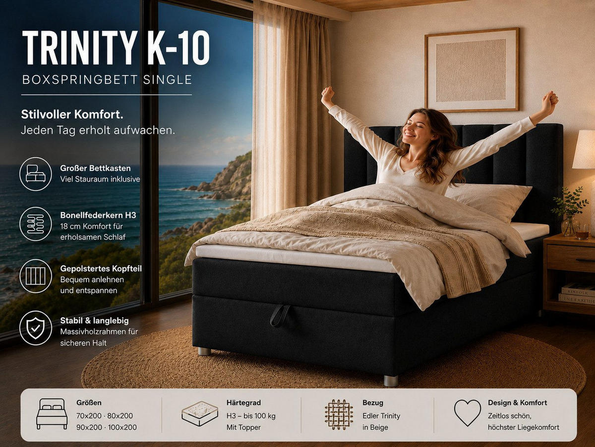 BOXBETT mit Bettkasten Trinity K-10 SINGLE Bonellfederkern inkl. Topper - Schwarz, Holz/Holzwerkstoff (100/200cm) - Best For Home