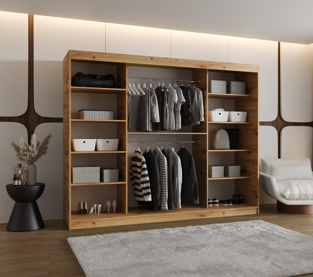 SCHWEBETÜRENSCHRANK 200/250/62 3-türig - Silberfarben/Eiche Artisan, Holz (250/200/62cm) - MÖBEL KRYSPOL