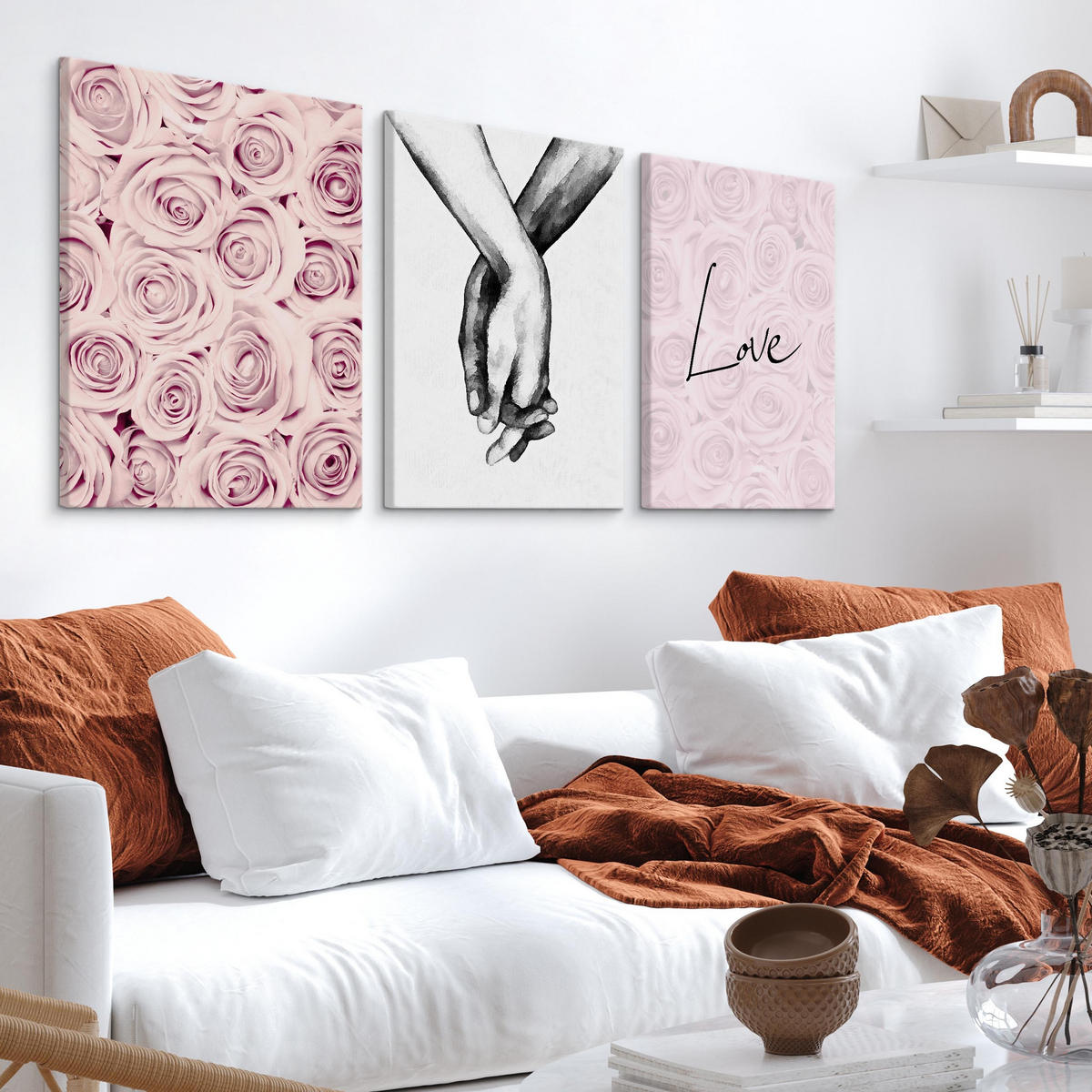 LEINWANDBILDER 3-er Set Blumen 3D Hände - Schwarz/Weiß, Textil (90/40cm) - Muralo