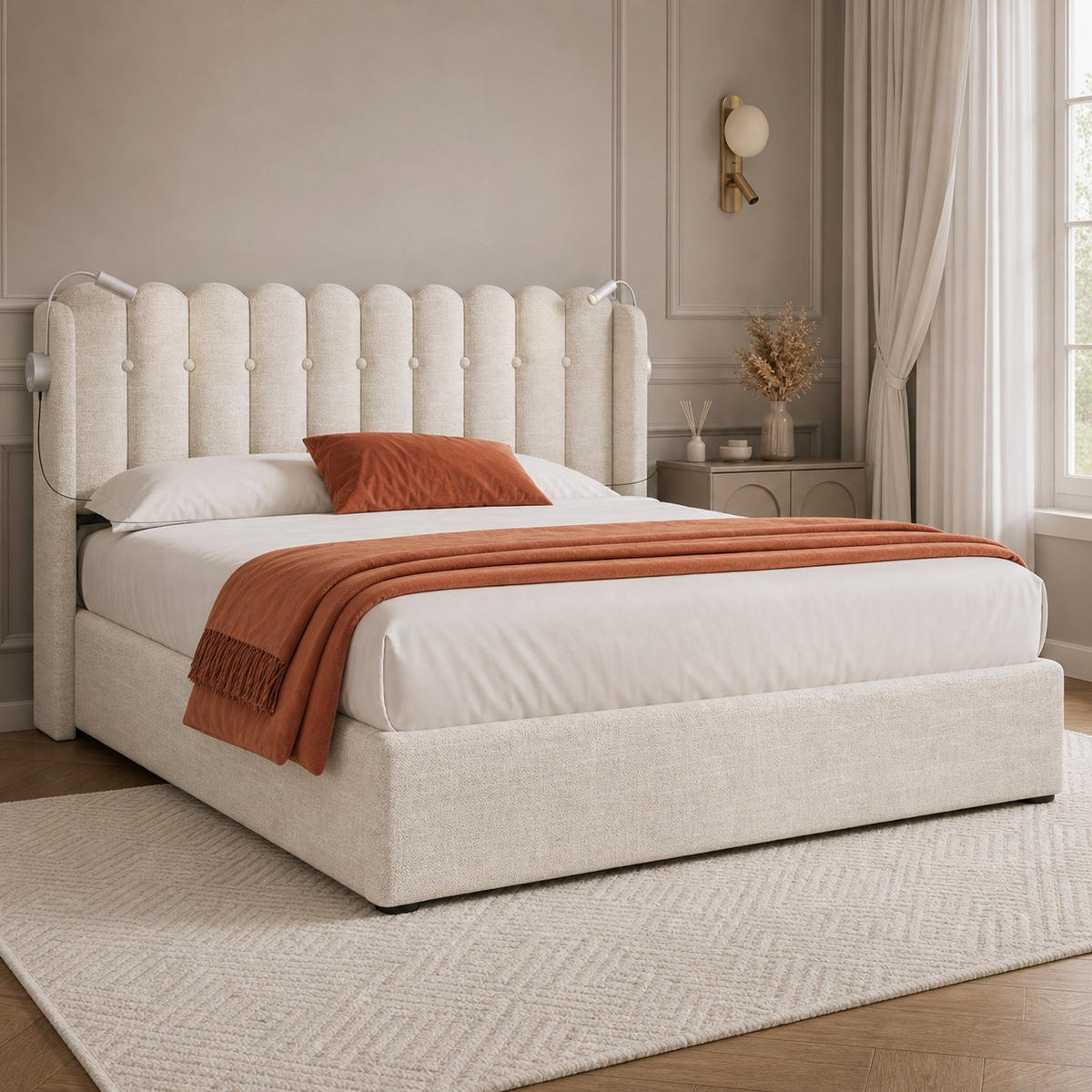 POLSTERBETT 140/200 mit Bettkasten, Leselicht und USB in Natur - Beige, Holzwerkstoff/Textil (140/200cm) - EVRYAE