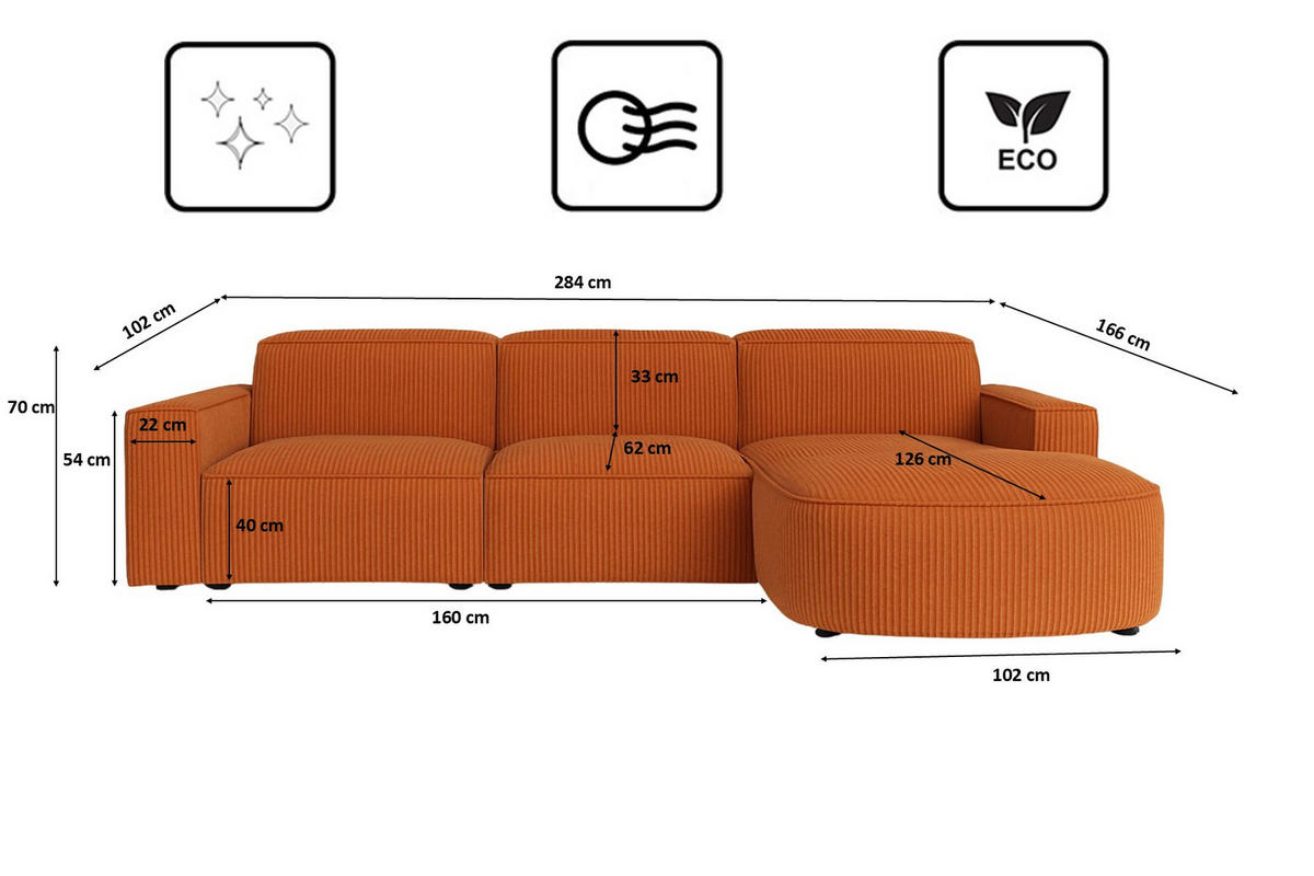 ECKSOFA Cursal Round L-Form, Stoff Poso, Kupfer, Rechts - Orange, Holz (284/166cm) - Kaiser Möbel