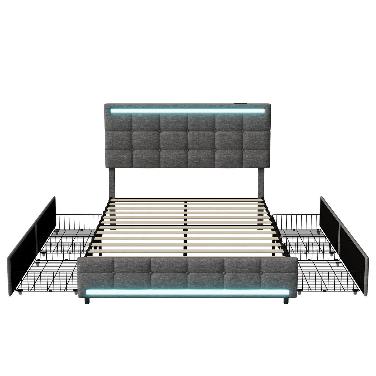 POLSTERBETT 140x200 cm LED USB 4 Schubladen Stauraum Leinen grau - Grau, Holz (140/200cm) - LEBENLANG