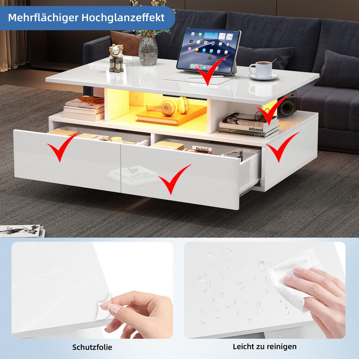 COUCHTISCH Kommode mit LED-Beleuchtung, Schubladen Hochglanz Spanplatte 30 kg Tragkraft Weiß - Weiß, Holzwerkstoff (90/55/41cm) - EVRYAE