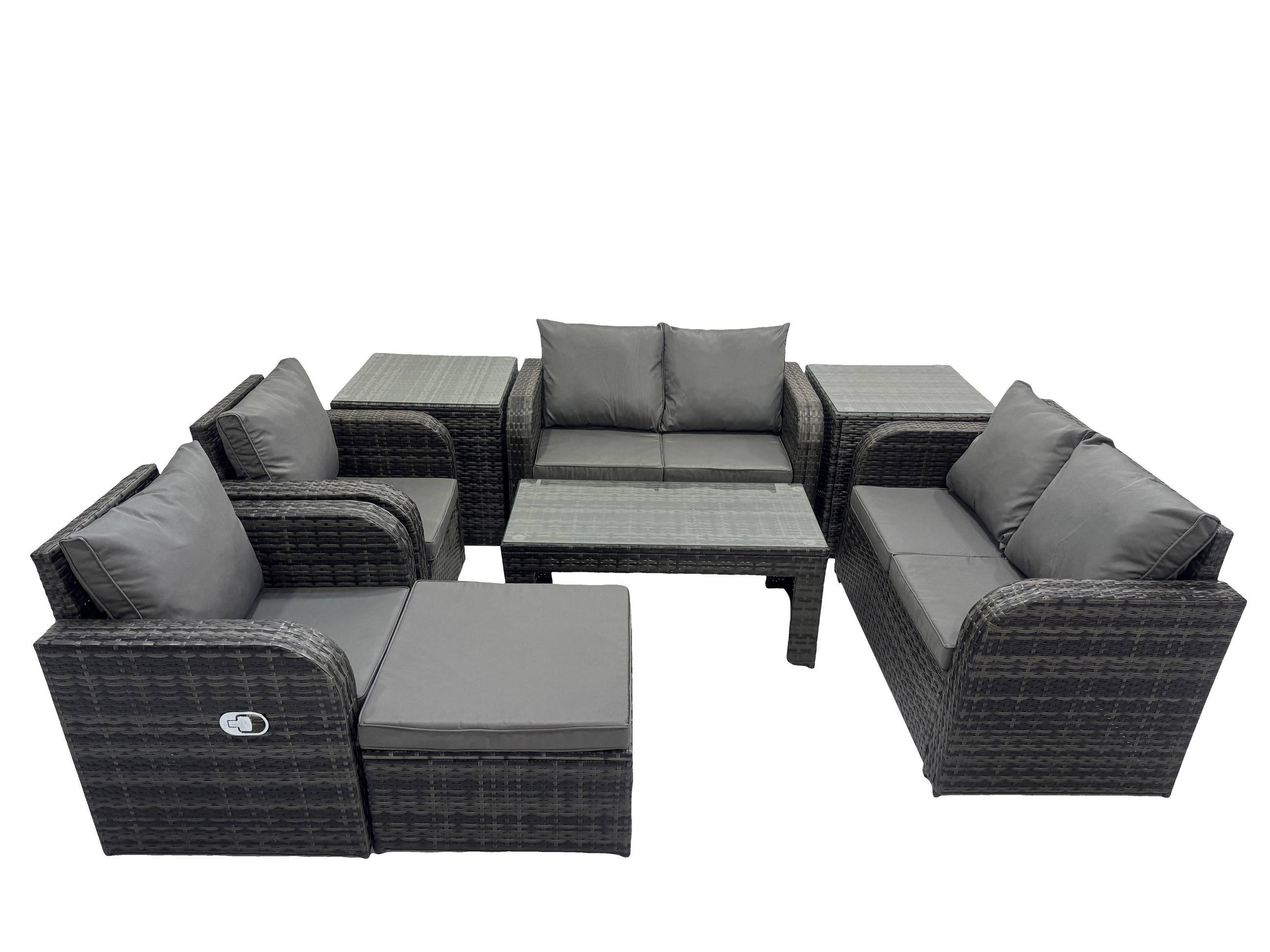 GARTENSOFA SET mit LIEGESTUHL Polyrattan 7-Sitzer Dunkelgrau - Dunkelgrau/Grau, Glas/Kunststoff - Fimous