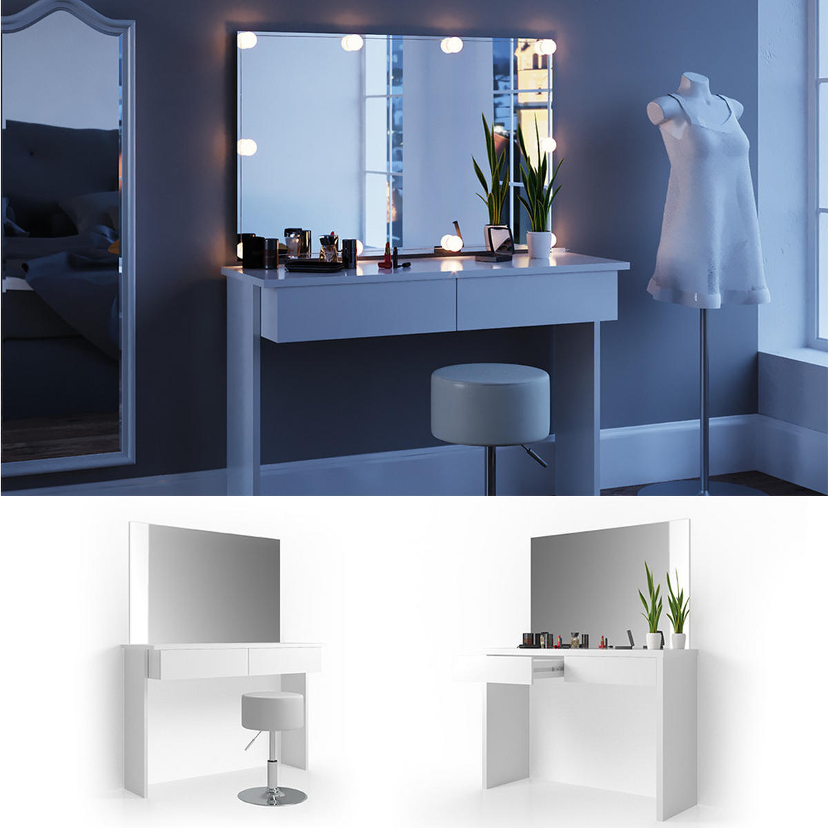 SCHMINKTISCH Azur Weiß 120 cm mit Hocker - Weiß, Holzwerkstoff (120/83/40cm) - Vicco