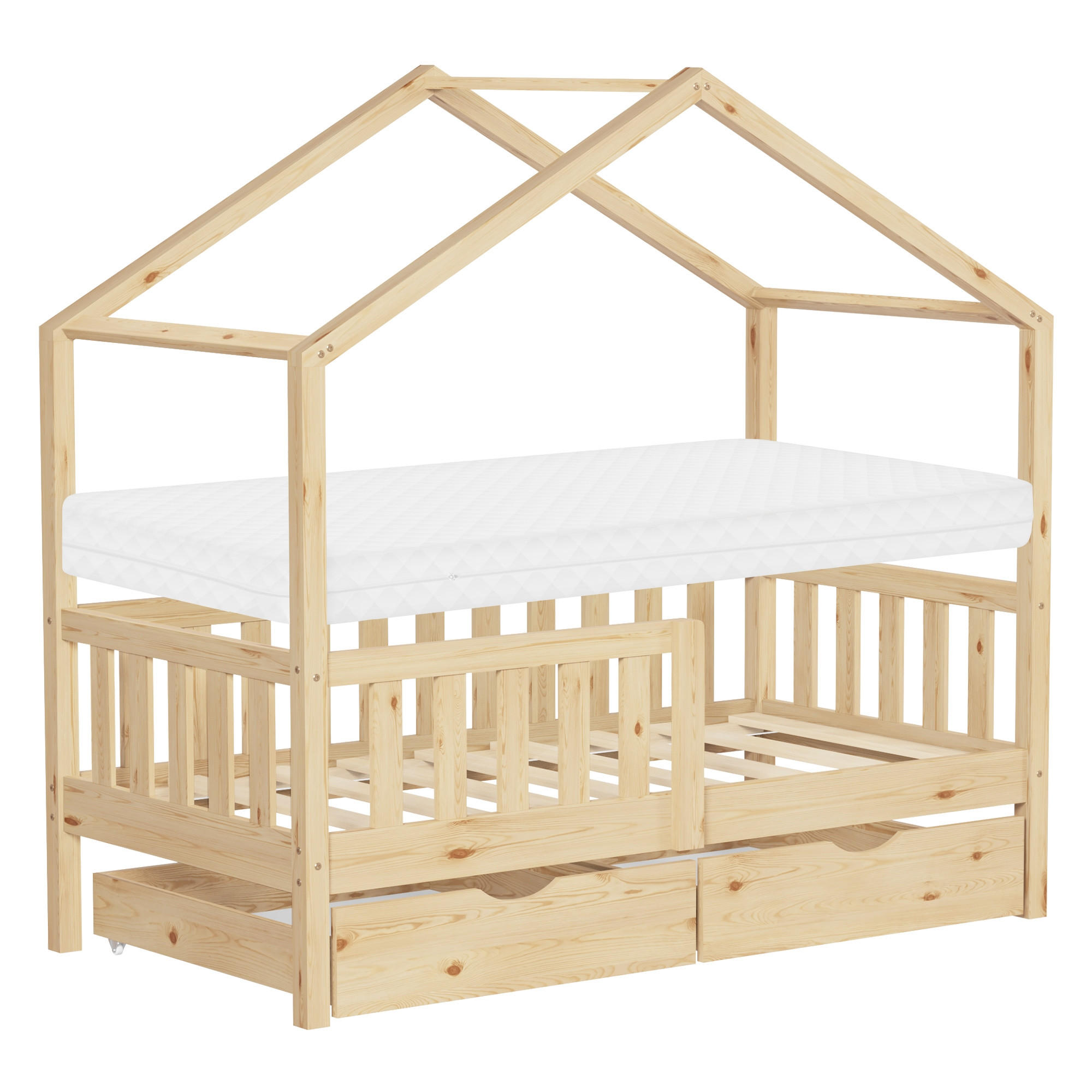 HAUSBETT mit Matratze 70x140 cm und 2 Schubladen Natur aus Kiefernholz - Beige, Holz (70/140cm) - ML-DESIGN