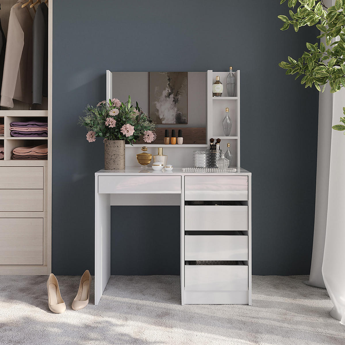 SCHMINKTISCH Sherry Weiß/Weiß Hochglanz 89.8 cm 3 Teile - Weiß Hochglanz, Holzwerkstoff (50.1cm) - Vicco