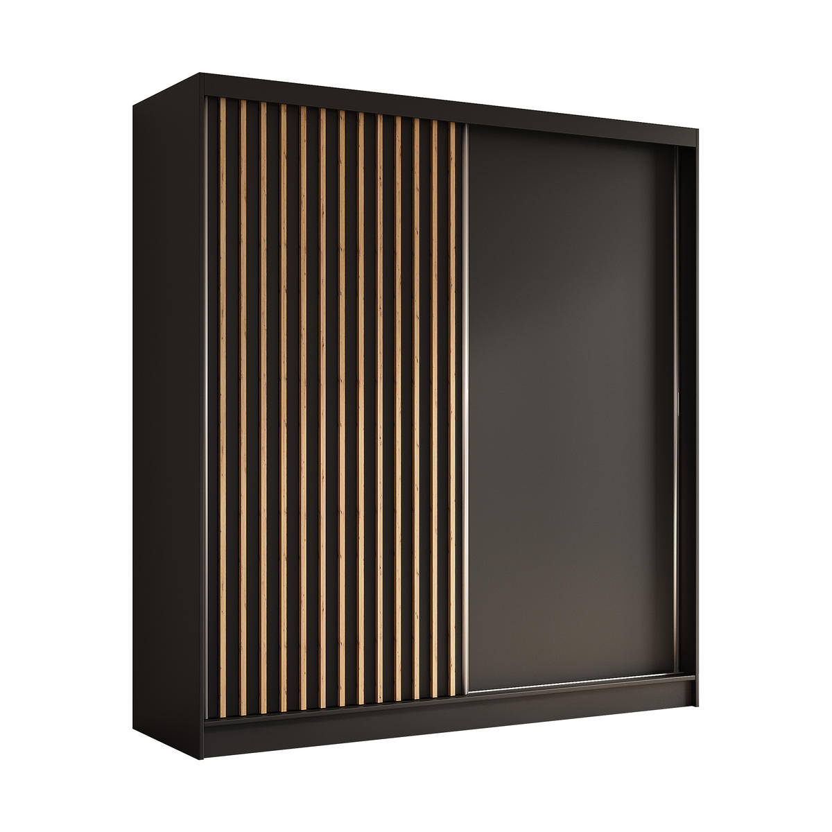 KLEIDERSCHRANK mit furnierten Schiebetüren und Aluminium-Leisten, LED-Beleuchtung - LABELO - 200 cm Schwarz+Schwarz+Artisan - Schwarz/Eiche Artisan, Holzwerkstoff (200/216/61cm) - ALTDECOR
