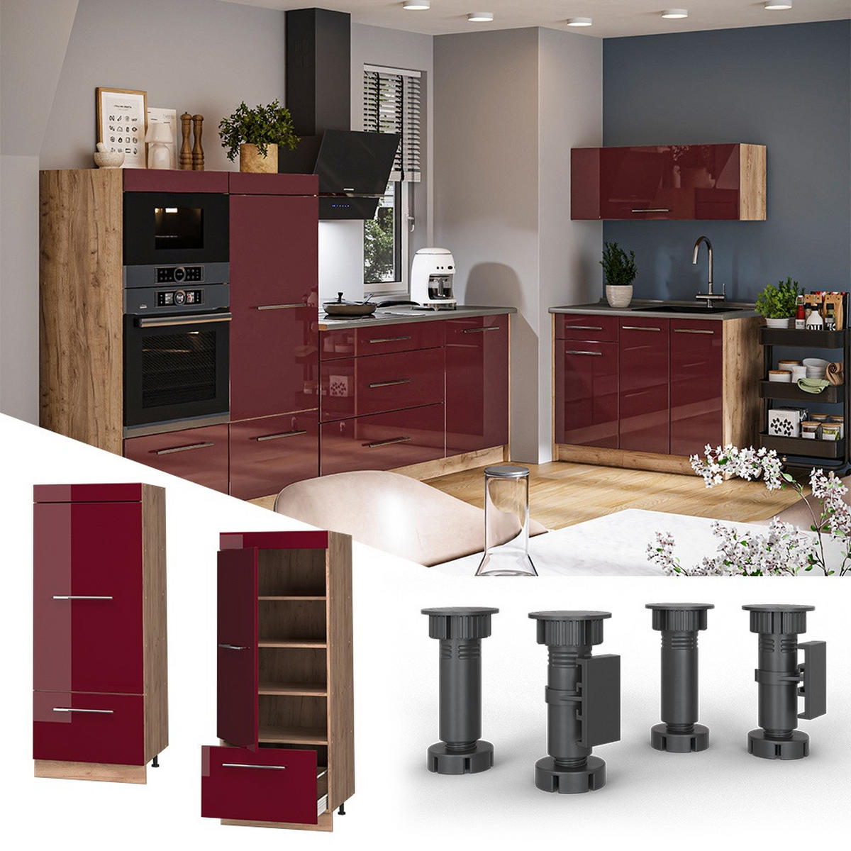 DULAP CĂMARĂ PENTRU BUCĂTĂRIE Fame-Line, Bordeaux lucios ridicat/Stejar auriu, 60 cm - stejar miere/bordo, compozit lemnos (60/153.6/58.1cm) - Vicco