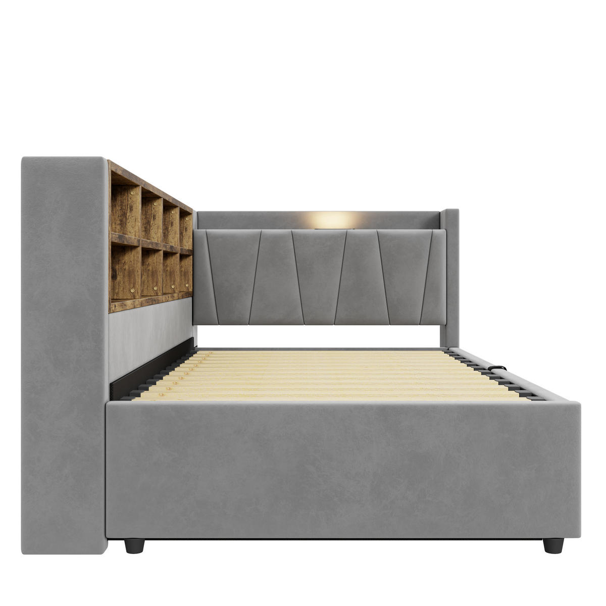 SCHLAFSOFA 90/200 cm in Hellgrau Samt mit Stauraum, USB und LED - Hellgrau, Holzwerkstoff/Textil (90/200cm) - WISHDOR