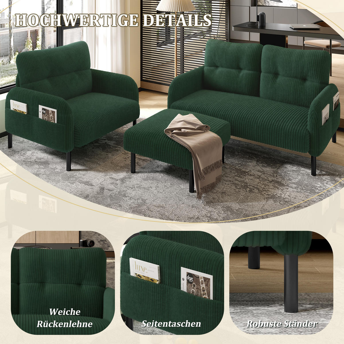 SOFA Set, 2-Sitzer+Sessel+Hocker, Cord, Grün - Schwarz/Grün, Textil/Metall (120/79/75cm) - LVHOM