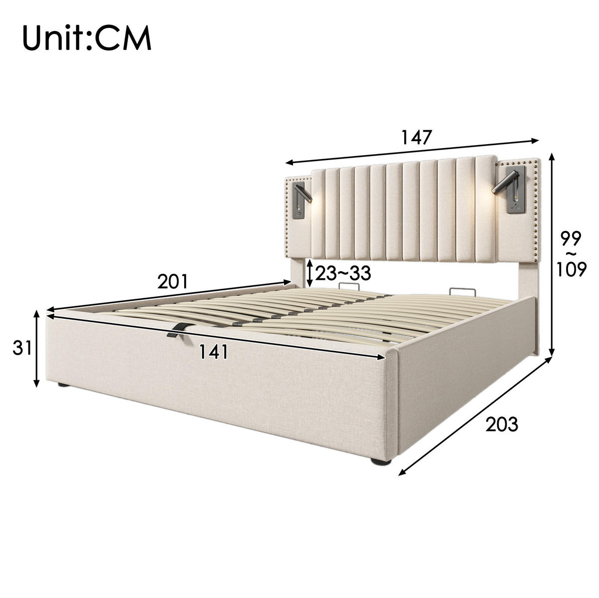 BETT mit Bettkasten 140x200 cm Beige inkl. Matratze - Beige, Metall (140/200cm) - Meubliv