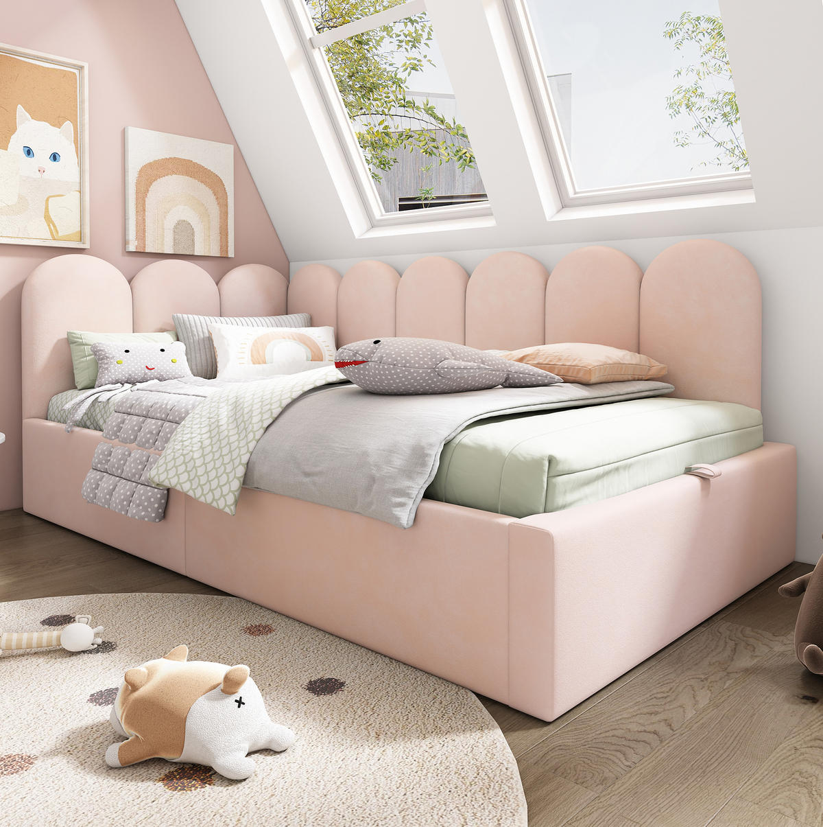 KINDERBETT Polsterbett 90/200 cm aus Samt mit hydraulischem Stauraum Rosa - Pink, Textil (90/200cm) - Modenvie