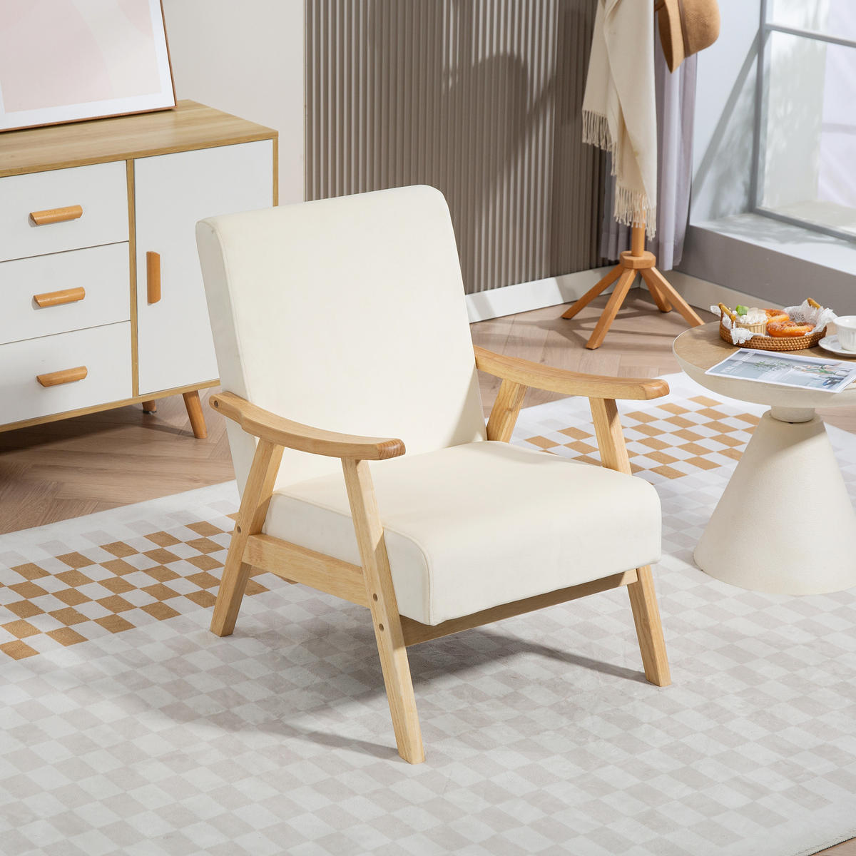 SESSEL Wohnzimmer Nordisch Relaxsessel mit Armlehne, Sitzkissen Cremeweiß - Creme, Kunststoff (65/83/80cm) - HOMCOM