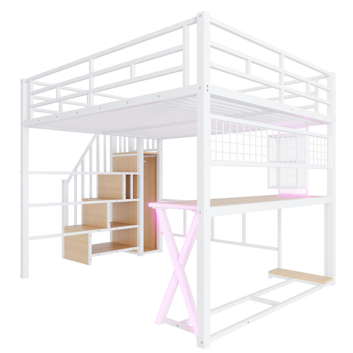 HOCHBETT 160/200 cm mit LED, Schreibtisch und Kleiderschrank, DE-04920, in Weiß - Weiß, Metall (160/200cm) - ComfortXL