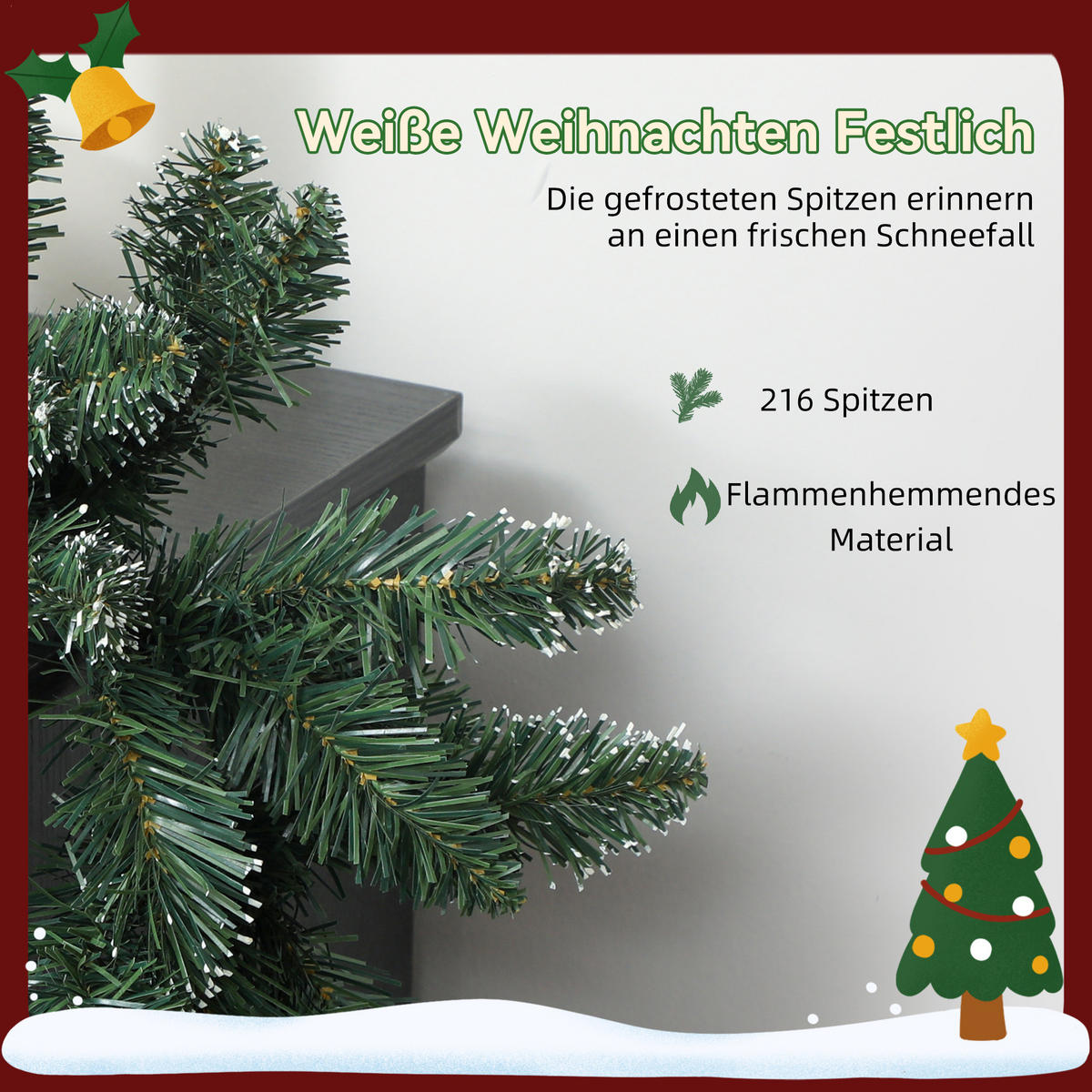 2,7 m künstliche Weihnachtsgirlande Dekoration mit 216 Spitzen Tannengirlande - Grün, Kunststoff (270cm) - HOMCOM