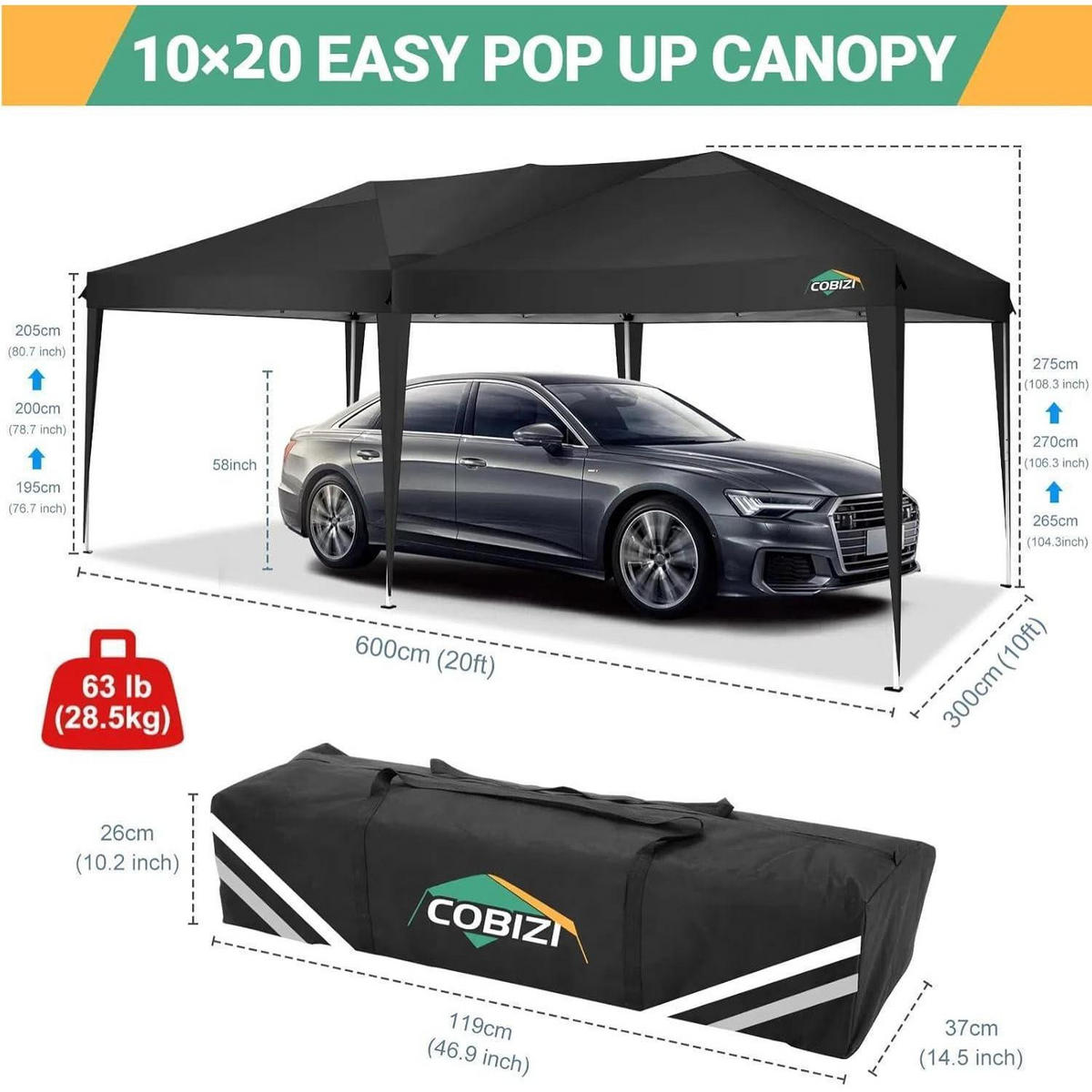 FALTPAVILLON 3 x 6 m wasserdicht UV-Schutz mit 6 Seitenwänden Schwarz - Schwarz, Textil (300/275/600cm)