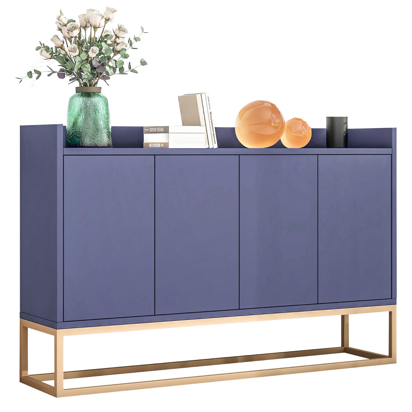 SIDEBOARD, Kommode mit 4 Türen, Verstellbaren Einlegeböden und goldenen Metallrahmen, Blau - Blau, Holz (30/80/120cm)