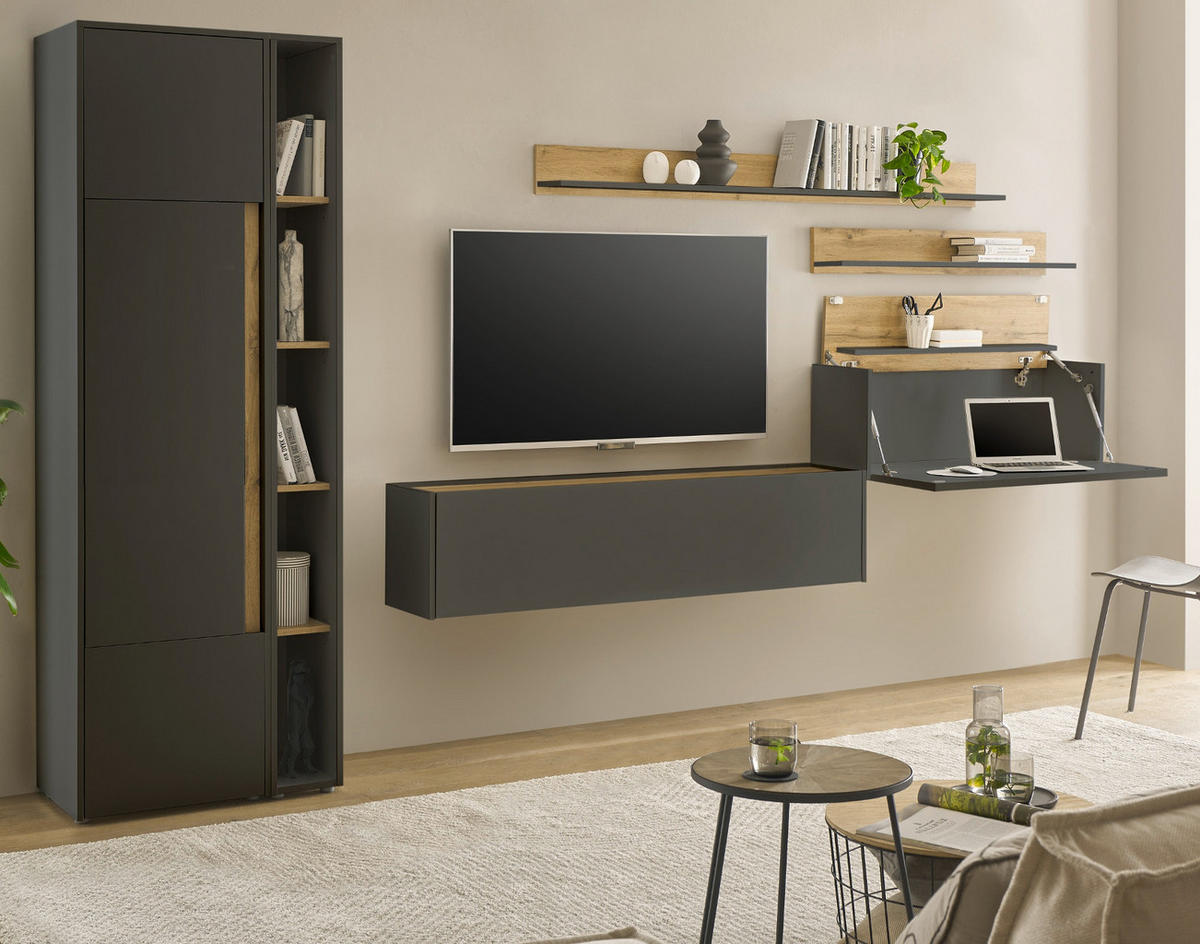 WOHNWAND mit Sekretär grau matt, Eiche Wotan 340 cm, Wohnkombination 6-teilig - Eiche Wotan/Grau, Holzwerkstoff/Metall (340/200/40cm) - Furn.Design