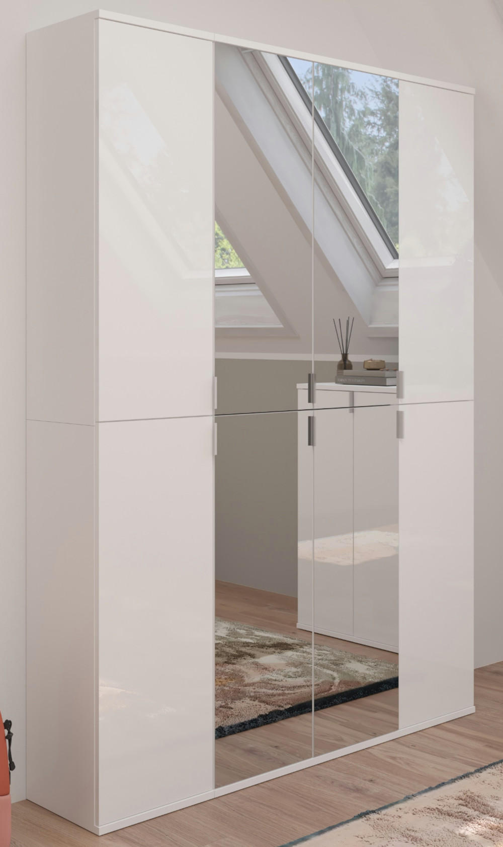 KLEIDERSCHRANK weiß Hochglanz 122 cm, Stauraumschrank mit Spiegeltüren - Weiß Hochglanz/Silberfarben, Glas/Holzwerkstoff (122/193/34cm) - Inn.Furn