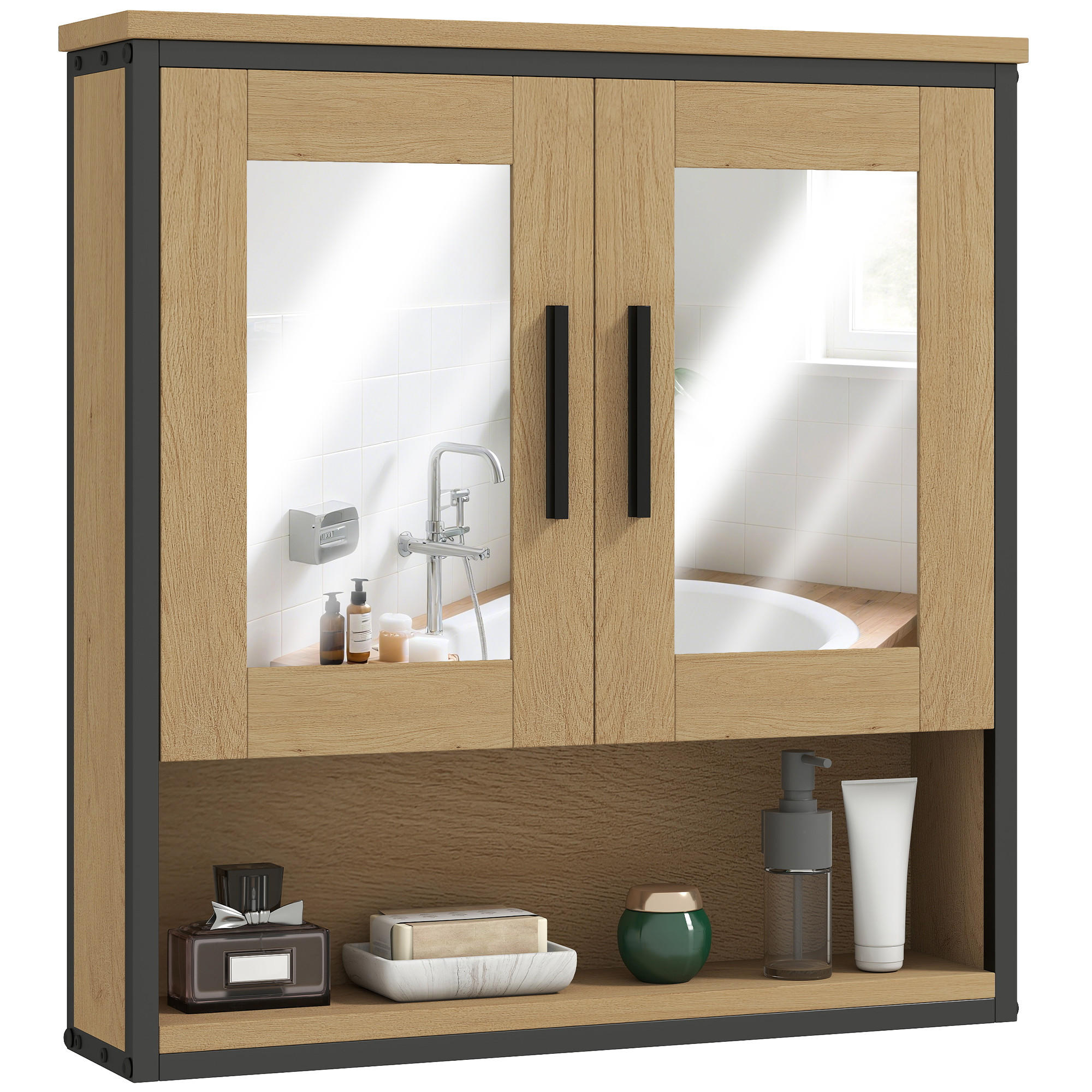 SPIEGELSCHRANK Eichenfarbe und Schwarz 56/13/60 cm - Eichefarben, Holzwerkstoff (56/60/13cm) - PANGIVO