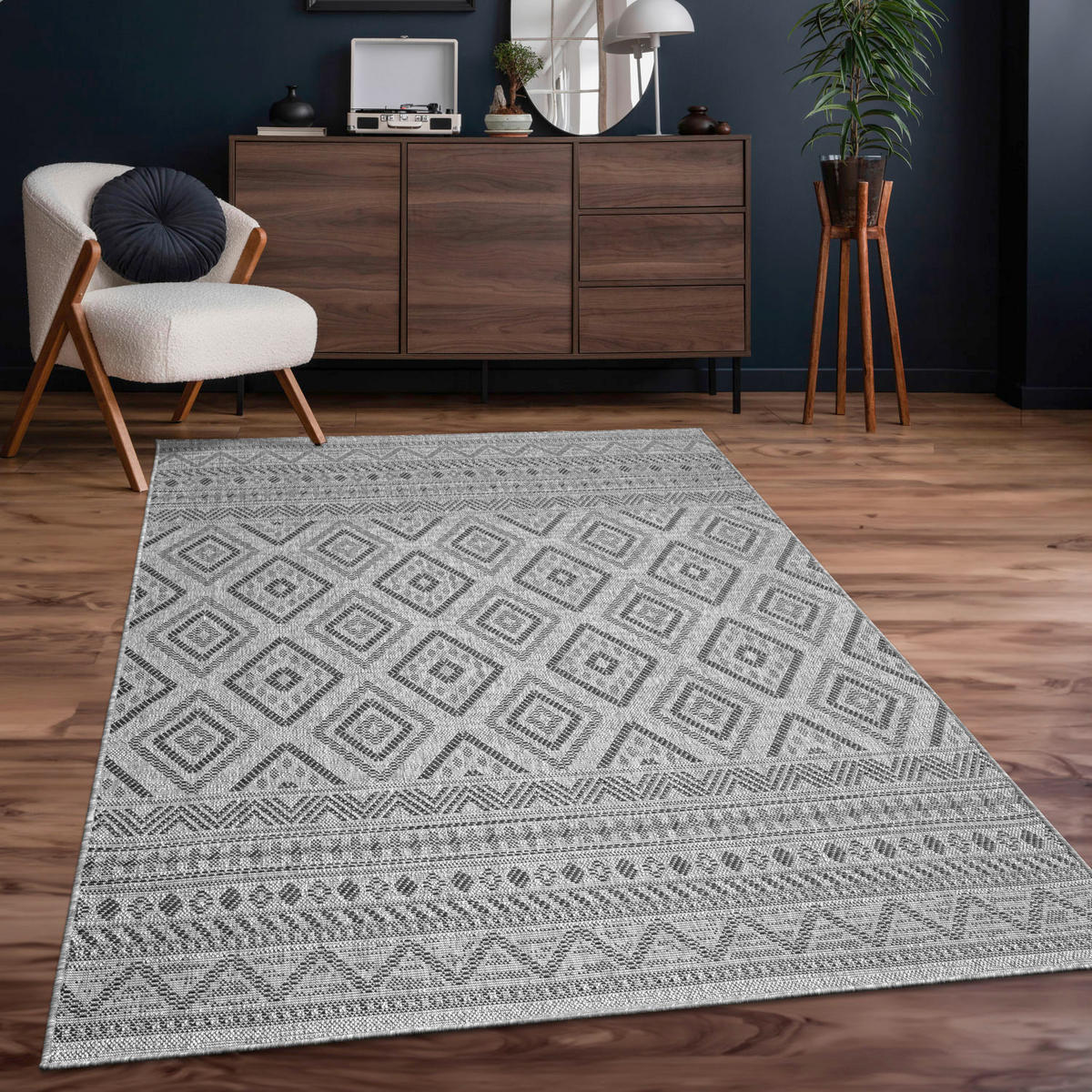 FLACHWEBTEPPICH, mit Rautenmuster, aus Polypropylen, Anthrazit, 80 x 150 cm - Anthrazit, Textil (80/150cm) - KADIMA DESIGN