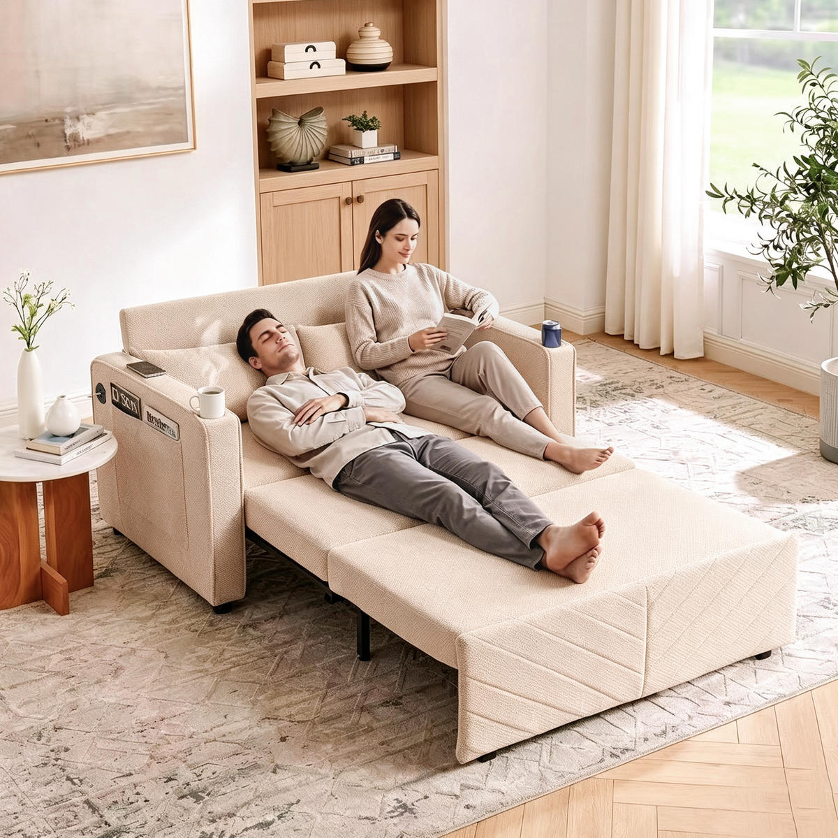 SCHLAFSOFA aus Holz und Stoff mit USB-Anschluss und Ausziehfunktion Beige - Beige, Holz (134/73/195cm) - Modenvie